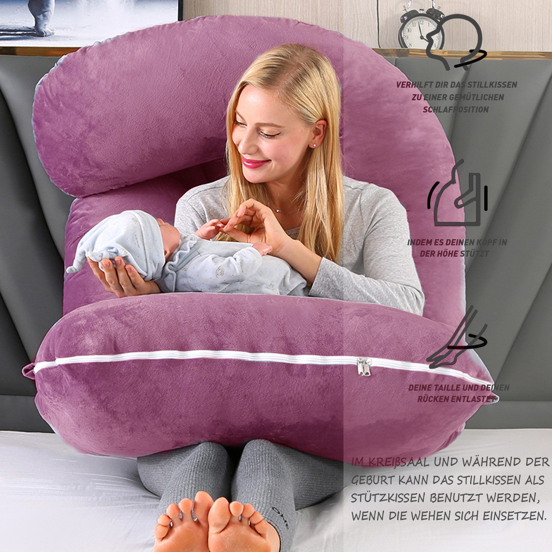 CALIYO Seitenschläferkissen Stillkissen, J-förmiges Schwangerschaftskissen zum Schlafen, Seitenkissen, Seitenschläferkissen ergonomisch geformt – Bild 4 von 5