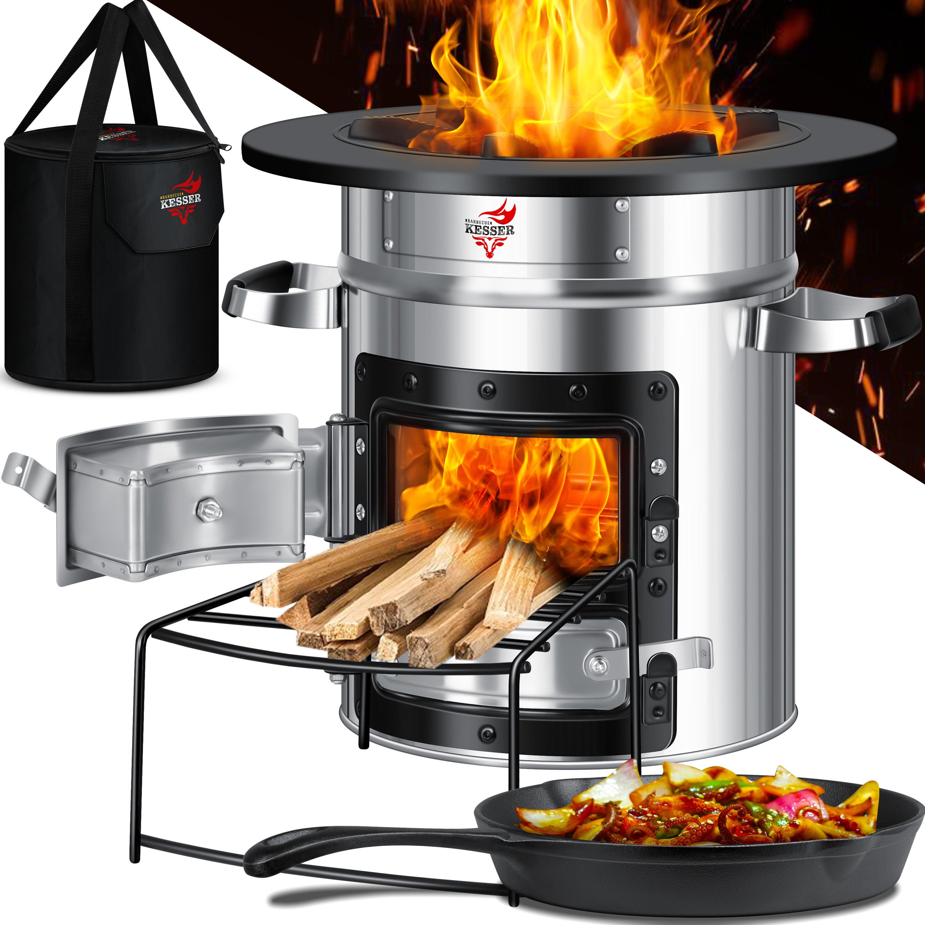 KESSER Feuerstelle, Raketenofen Inkl. Grillpfanne aus Gusseisen mit