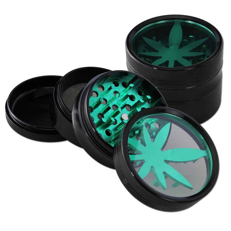 Black Leaf Gewürzmühle Aluminium Grinder mit Blickfenster aus Glas 4-teilig zum Drehen, Inkl. Pollensieb & Schaber als Set I für Joint, Weed, Gras