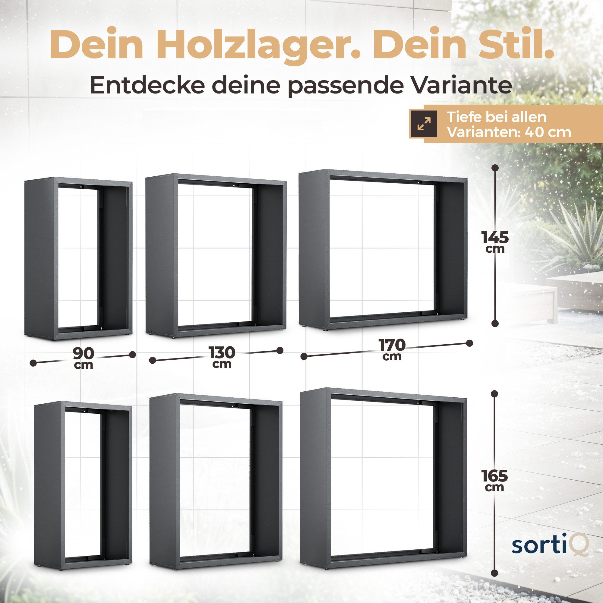 sortiQ Kaminholzregal für außen & innen - moderne Brennholz-Stapelhilfe, Farbe: DB703, (für stabile Holzaufbewahrung Holzlager mit Stellfüßen), BxTxH: 90x40x145 cm