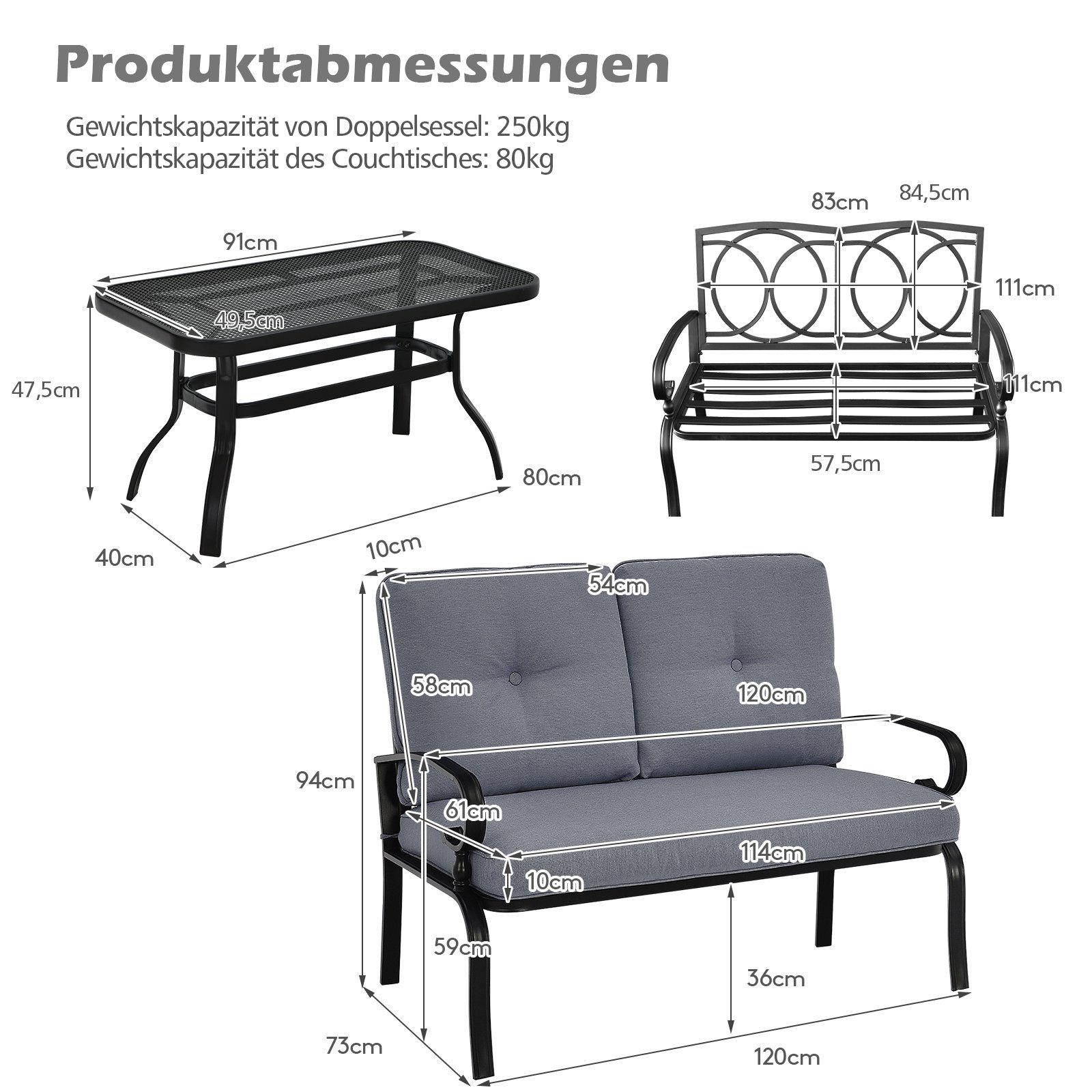 COSTWAY Gartensessel 2-Sitzer Gartenbank (3-St), Sitzgruppe mit Couchtisch