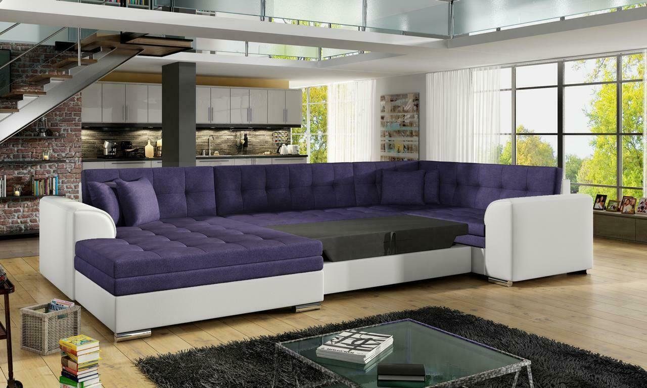 JVmoebel Ecksofa Design Ecksofa Schlafsofa Bettfunktion Couch Leder Textil Polster, Mit Bettfunktion Lila/Weiß