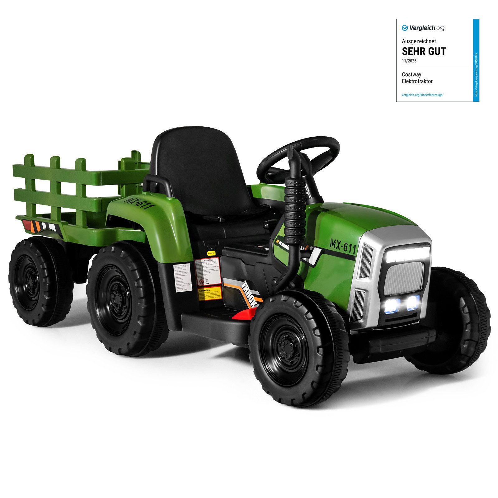 COSTWAY Elektro-Kindertraktor Aufsitztraktor, mit USB & abnehmbarem Anhänger