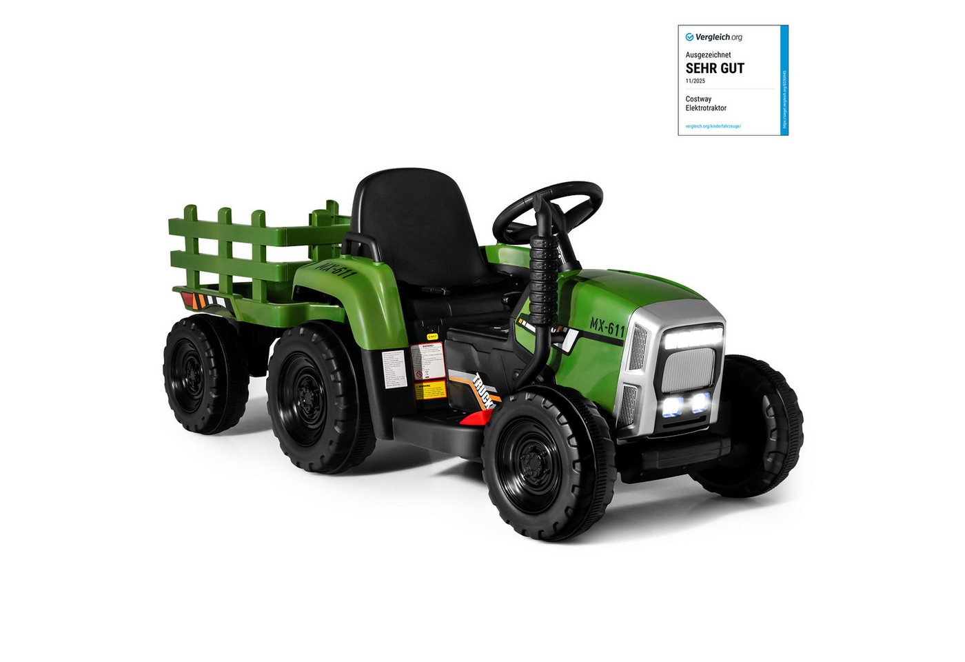 COSTWAY Elektro-Kindertraktor Aufsitztraktor, mit USB & abnehmbarem Anhänger