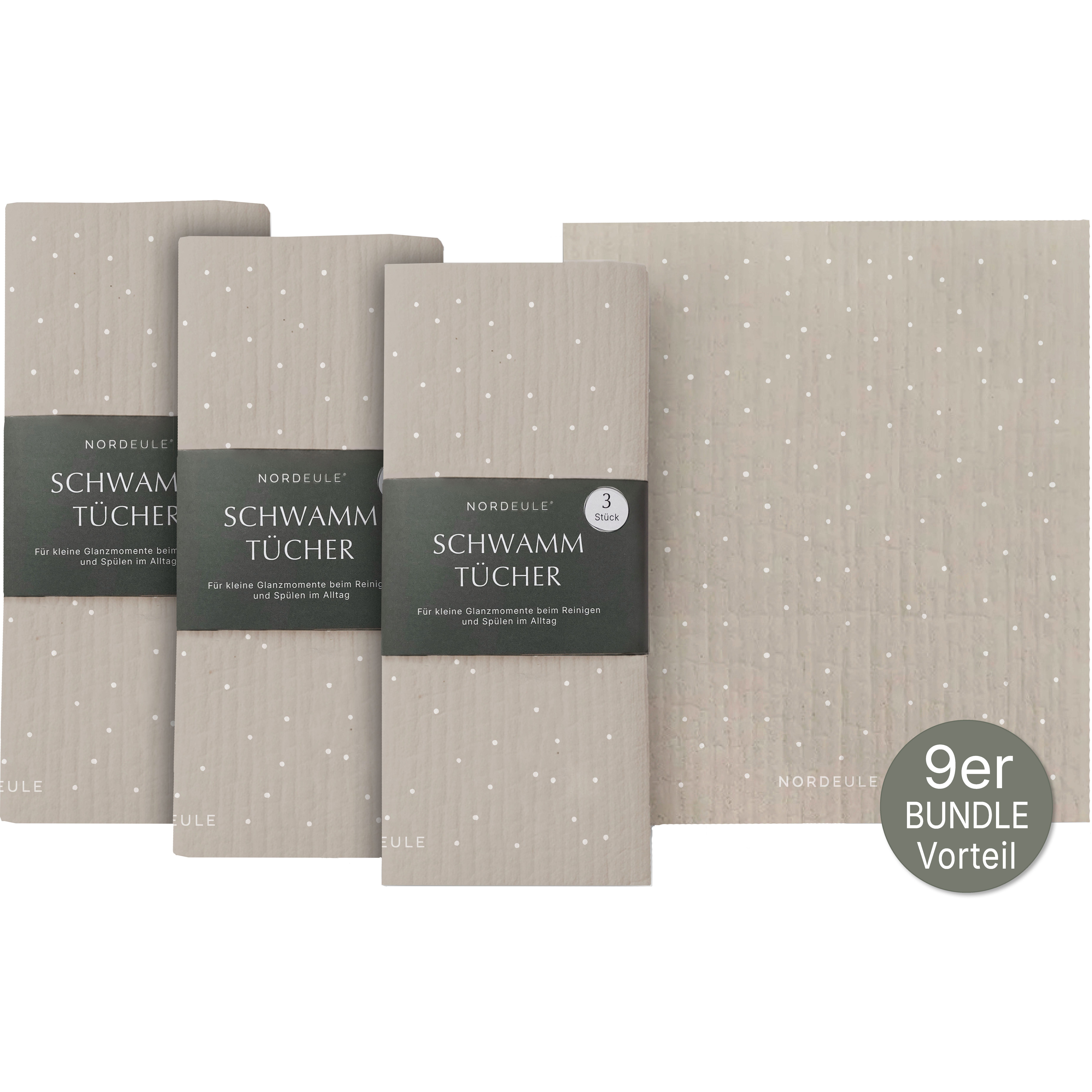 NORDEULE Punkte Muster Beige im nordischen Design Reinigungstuch (70% Holz-Zellulose, 30% Baumwolle, Set, 9-tlg., 3 Schwammtücher im Set, für Glanzmomente im Alltag oder als Geschenk)