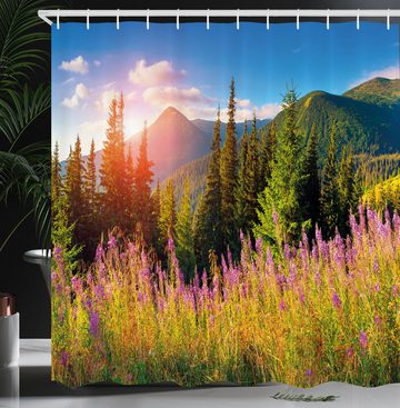 Abakuhaus Duschvorhang Moderner Digitaldruck mit 12 Haken auf Stoff Wasser Resistent Breite 175 cm, Höhe 180 cm, Natur Frühlings-Blumen-Berg