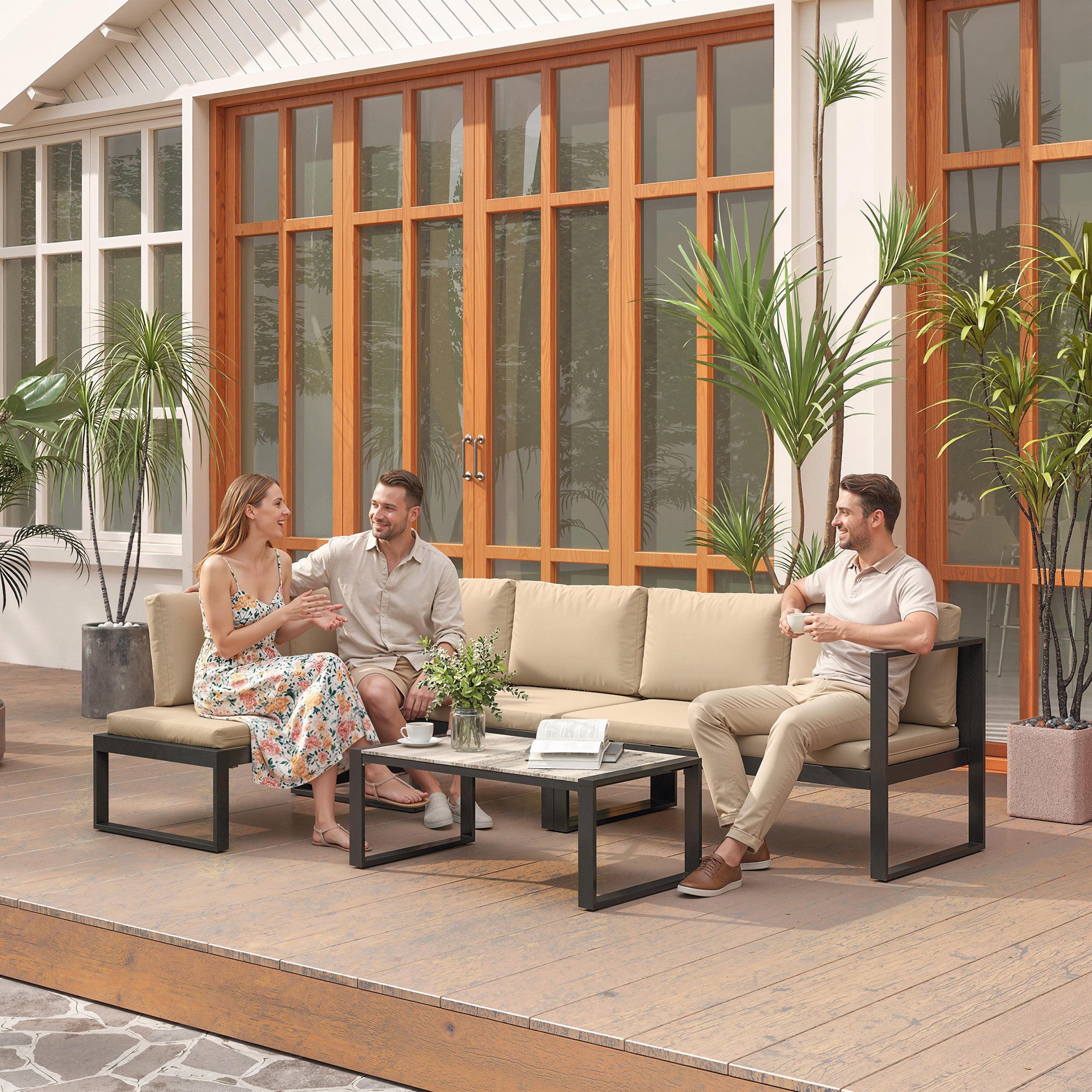 Outsunny Sitzgruppe Gartenmöbel wetterfest Balkonmöbel mit Couchtisch Khaki, (Set, 4-tlg., Sofa-Set), Modulares 4-teiliges Gartenlounge-Set