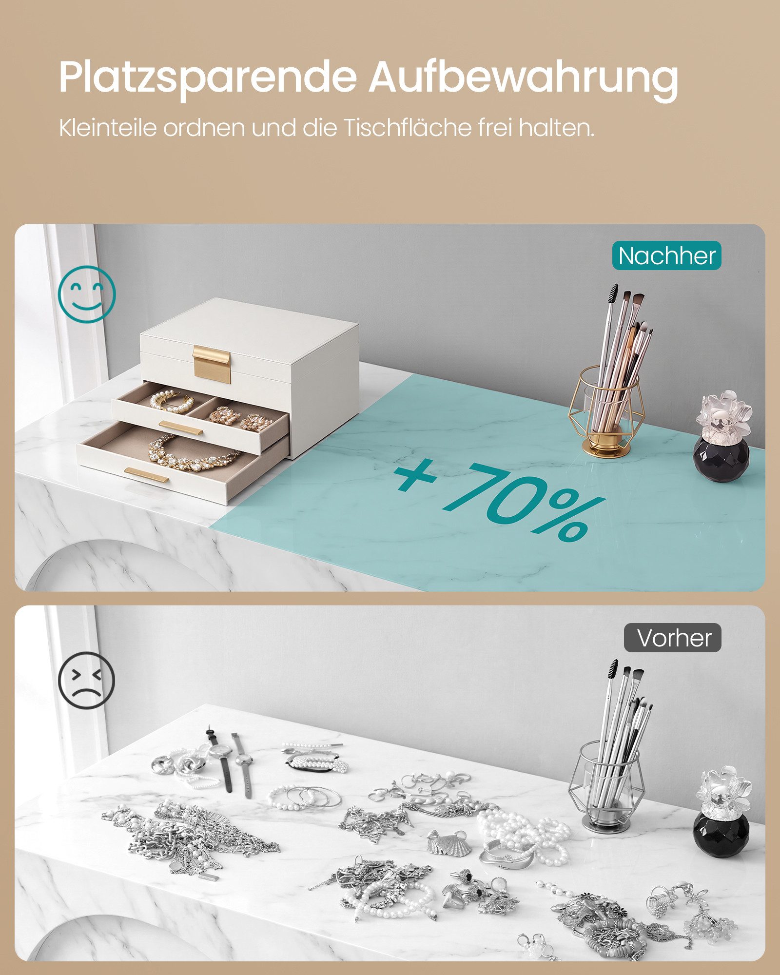 SONGMICS Schmuckkasten Schmuckkästchen, Schmuckbox mit Glasdeckel, wolkenweiß-golden, 3 Ebenen, 2 Schubladen, Schmuckaufbewahrung, 20,3 x 23,1 x 13,5 cm – Bild 5 von 5