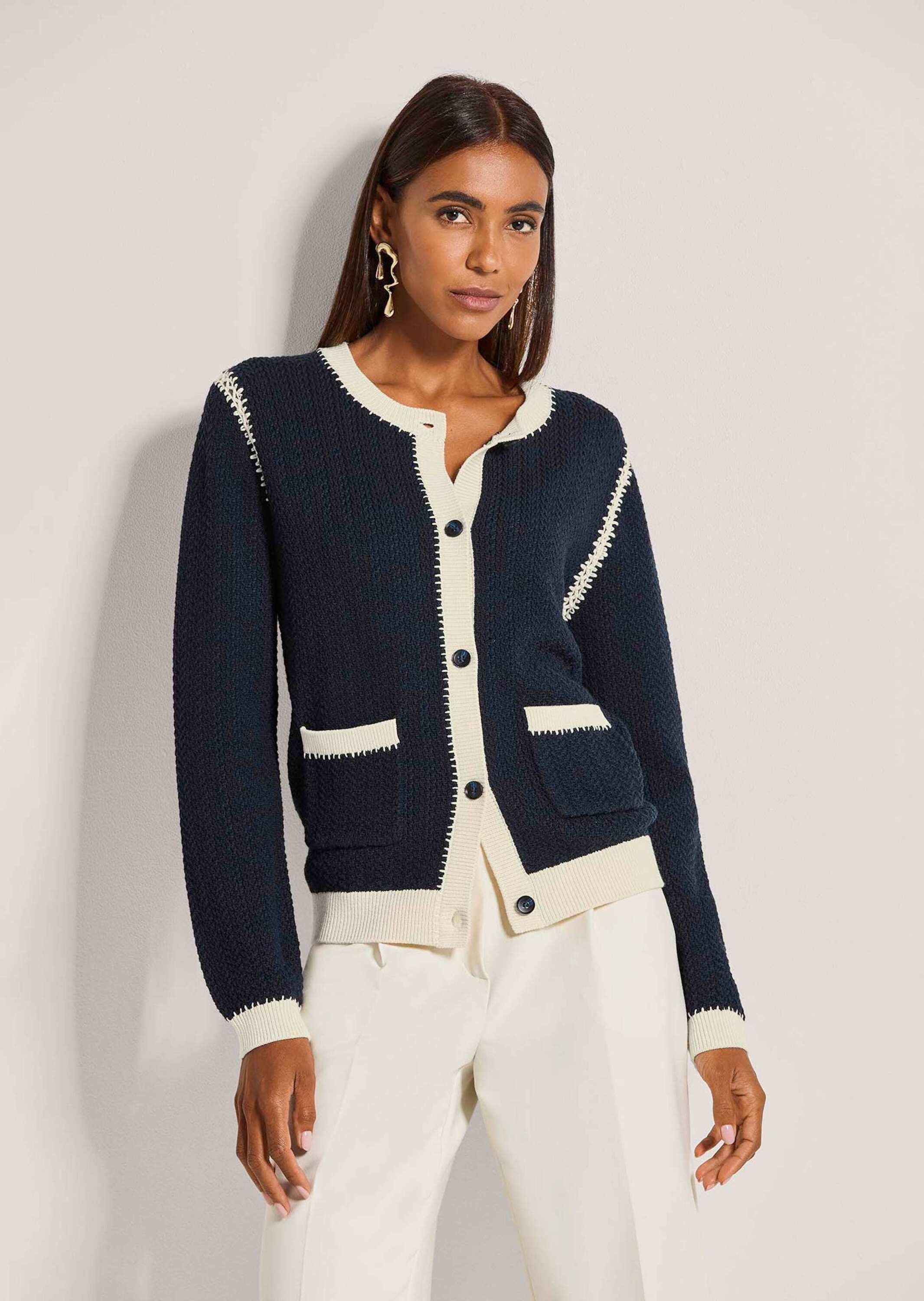 MADELEINE Strickjacke Langarm Cardigan mit Zopfmuster, Kaschmir-Mix Leichte Sommerjacke mit Rundhalsausschnitt, kontrastfarbenen Akzenten