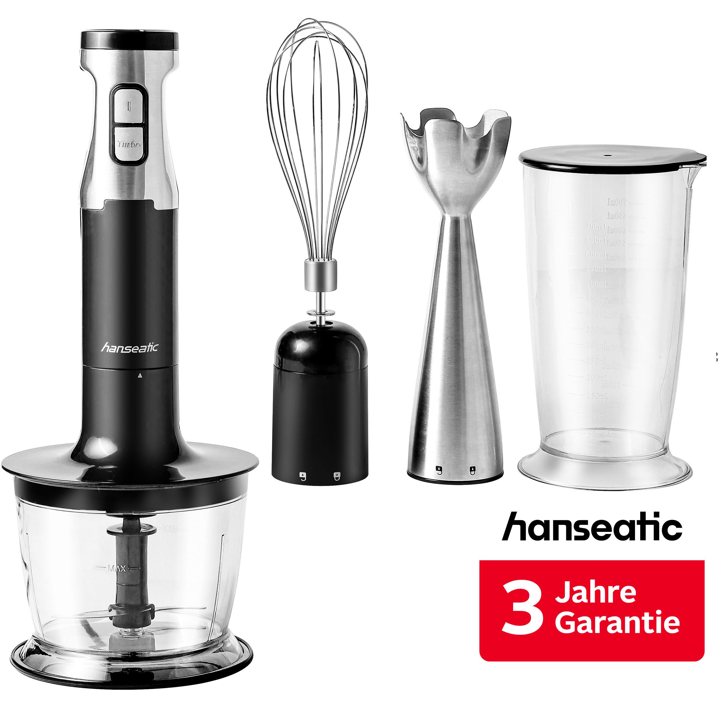 Hanseatic Stabmixer HHBL1000SD 97294244 Schneebesen Aufsatz + Rühr-/Messbecher, 1000 W, inkl. 3 Jahre Herstellergarantie