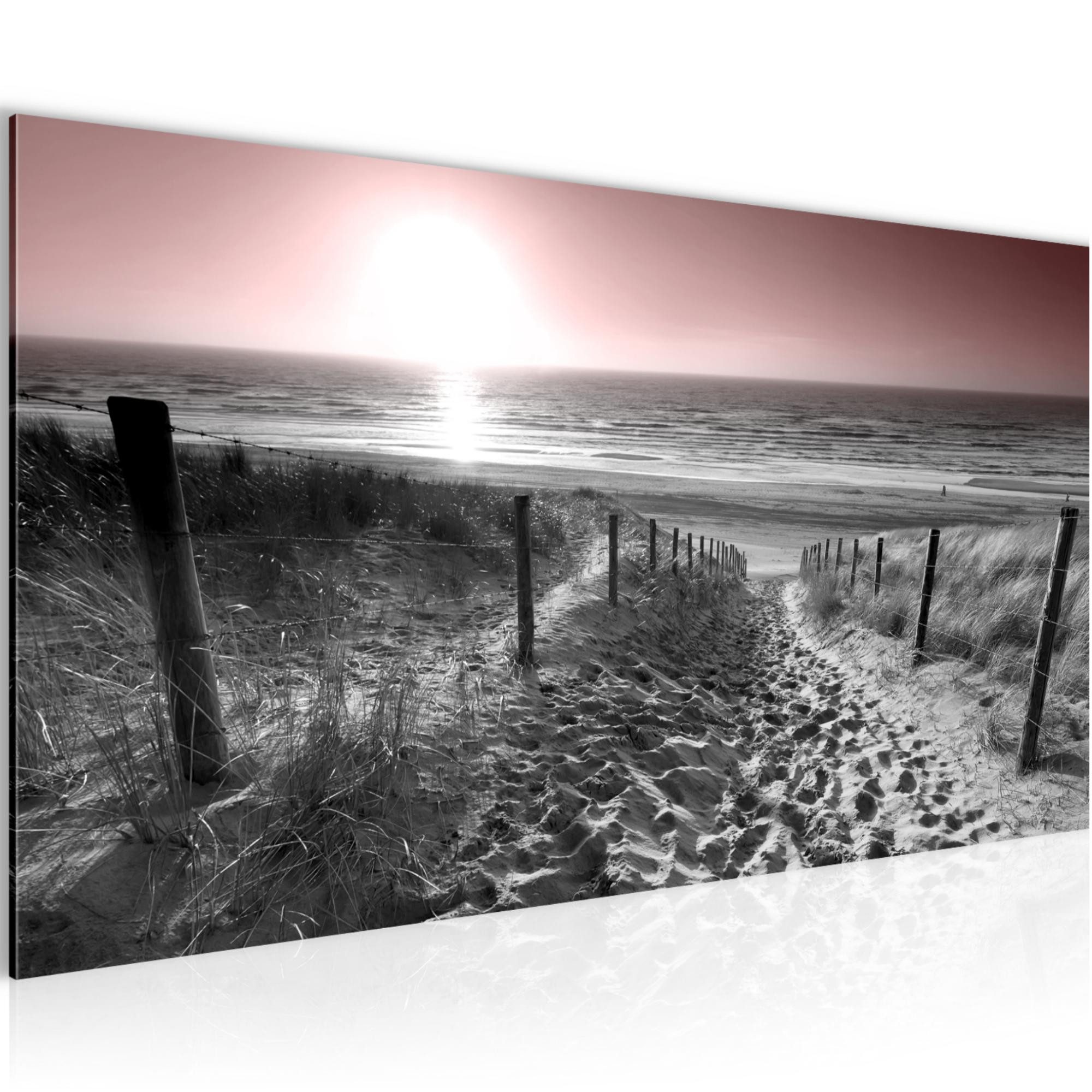 Runa Art Wandbild Strand Sonnenuntergang auf Vlies Leinwand Landschaft Grau Rosa 0184, 100L x 40B cm