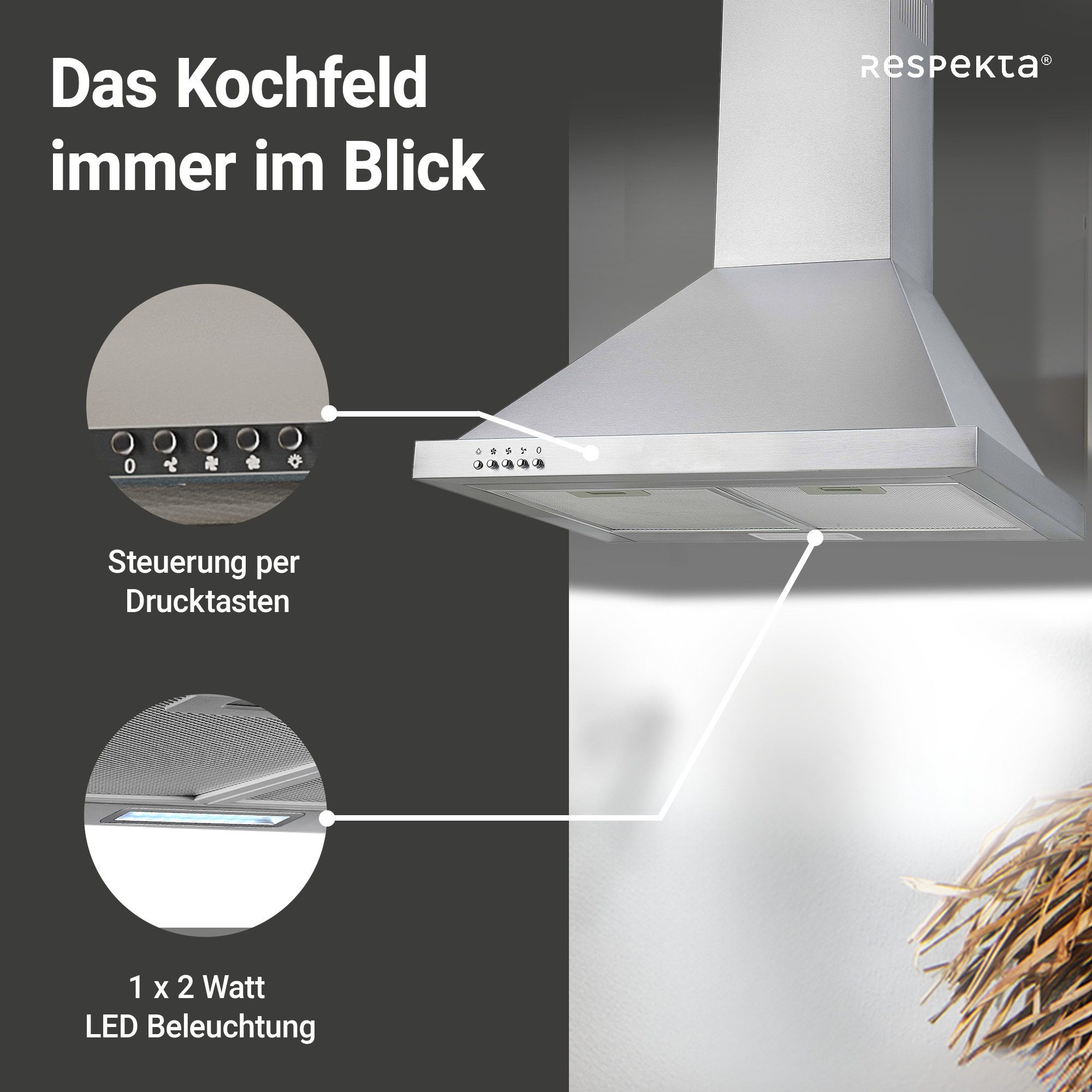 RESPEKTA Kaminhaube Dalia Dalia, EEK: B, 3 Leistungsstufen, LED-Beleuchtung, AB- und Umluftfähig