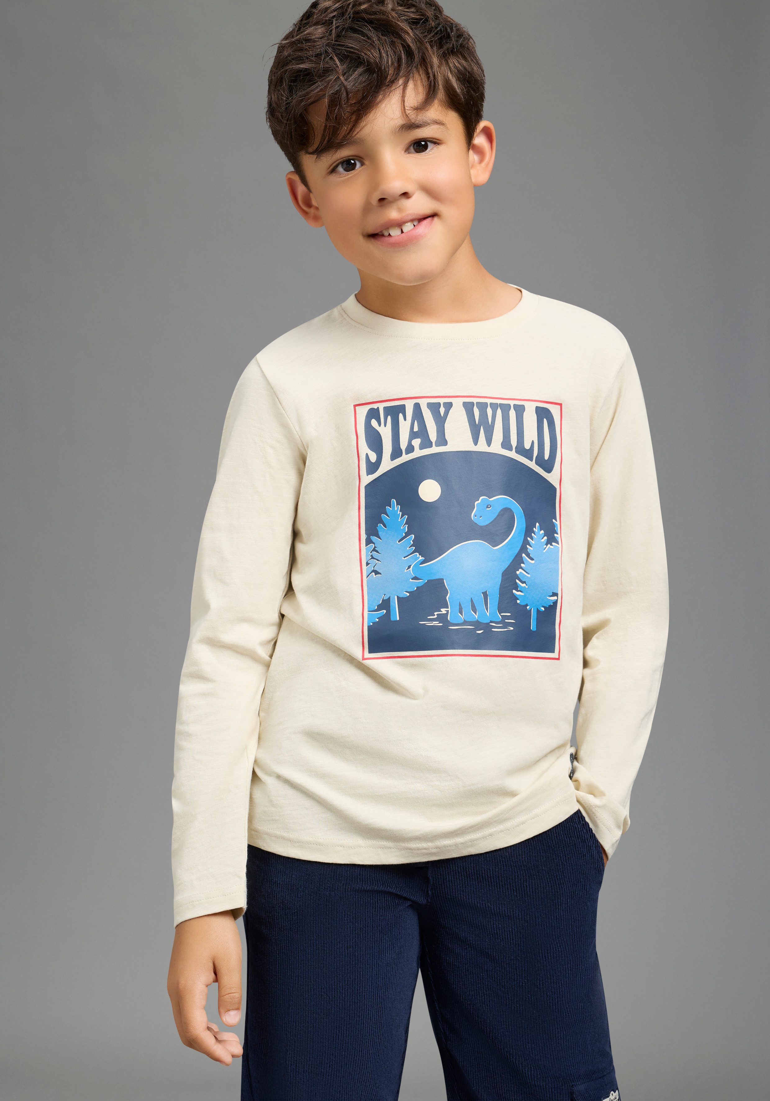 Scout Langarmshirt Shirt mit coolem Dino-Print, modisches Melangegarn mit Rundhalsausschnitt, mit Langarm, modischer Basic-Schnitt