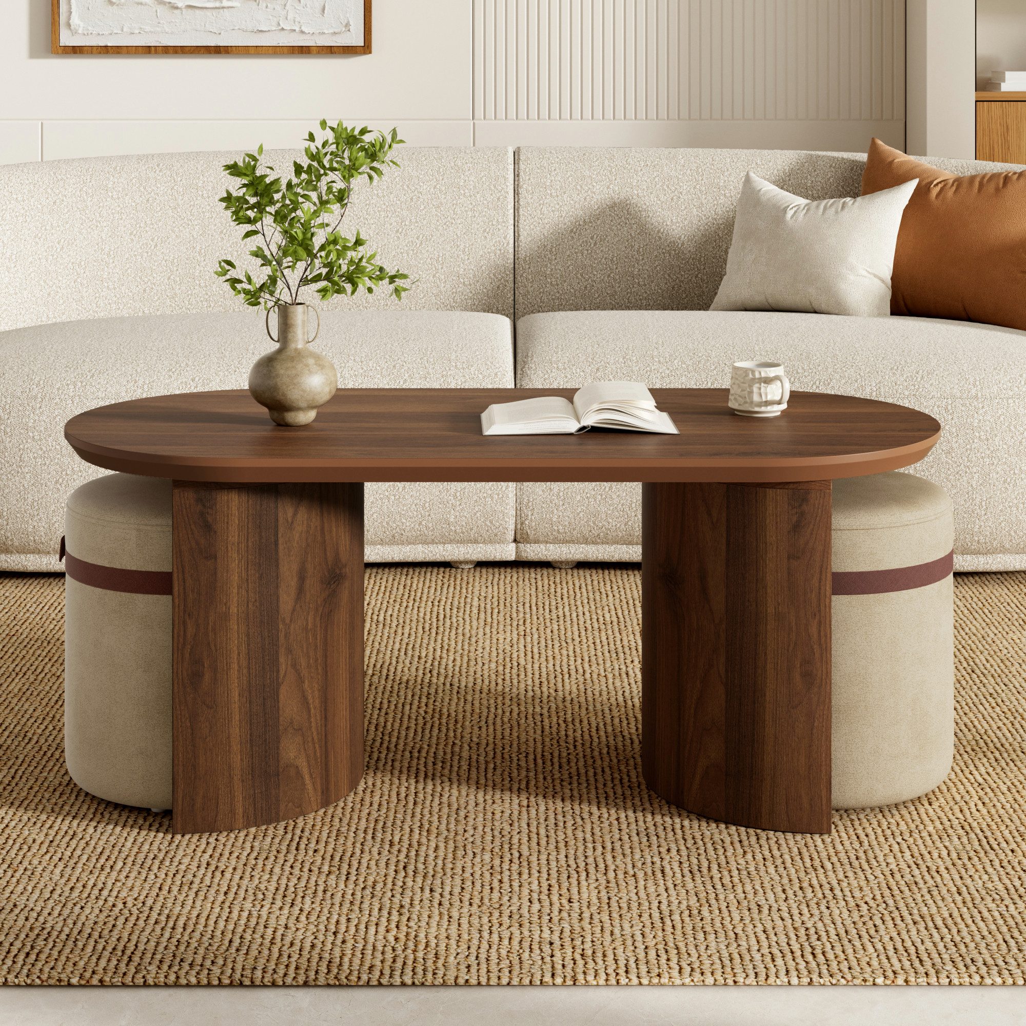 KLAM HOME Couchtisch 3‑teiliges Couchtisch Set mit 2 Hockern für Wohnzimmer (Ovaler Sofatisch aus MDF mit gepolsterten Sitzhockern), Platzsparende Tisch‑Hocker‑Kombination mit Stauraum