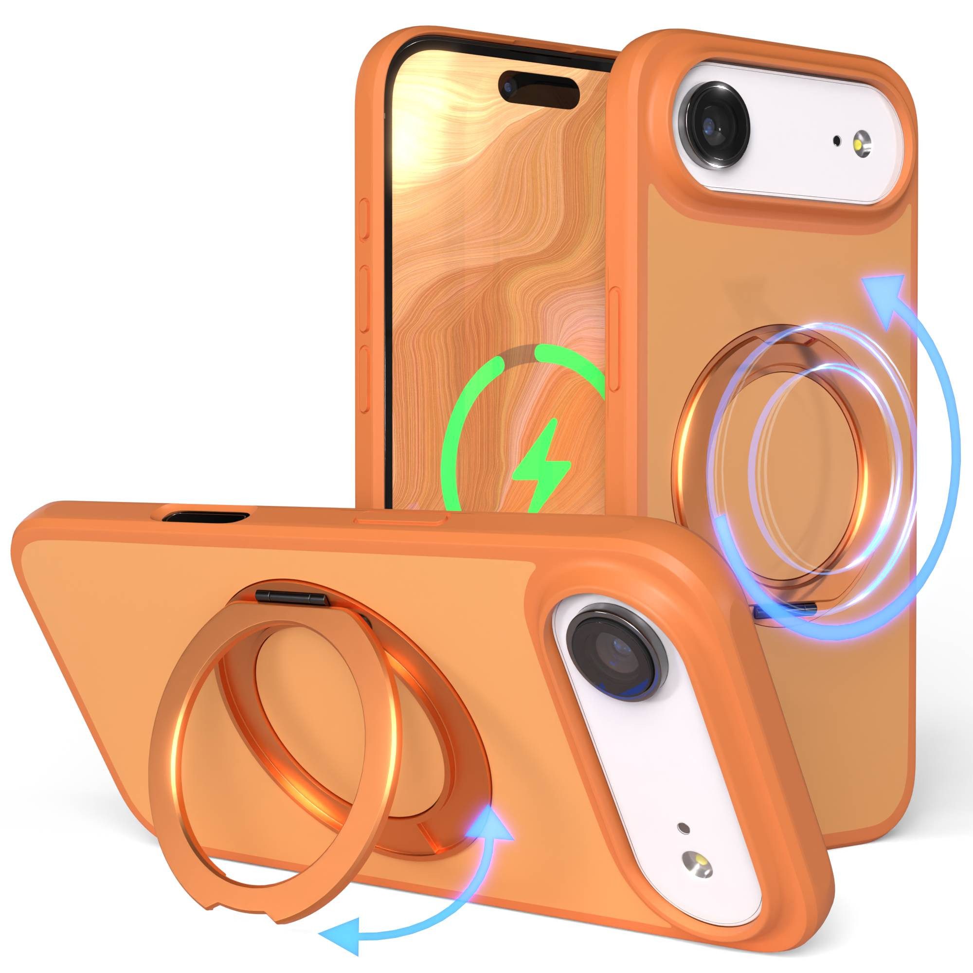 EAZY CASE Handyhülle Outdoor Apple iPhone Air Case MagSafe Rotation Ring 6,5 Zoll, Slimcover Handyhülle Outdoor zum Aufstellen mit Ring modern in Orange