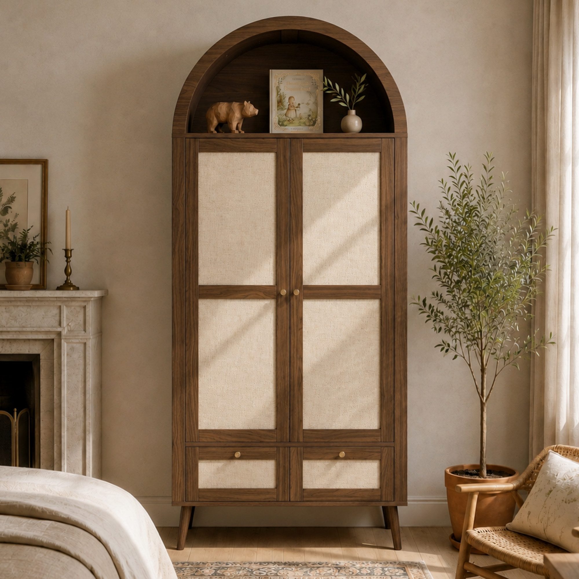 Celya Kleiderschrank mit 2 Türen und 2 Schubladen, mit Kleiderstange und offener Ablage (180 cm hoch, mit beiger Rattanoptik, Bogenform design)