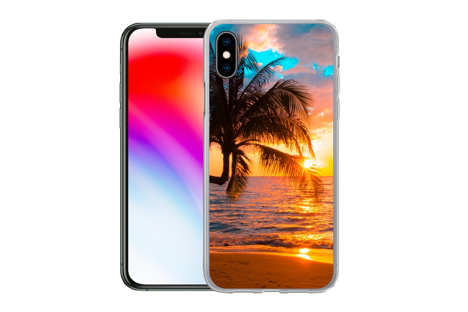 MuchoWow Handyhülle für Apple iPhone XS Palme - Sonnenuntergang - Horizont - Strand - Meer, Smartphone-Bumper, Print, Handy Schutzhülle Dünn