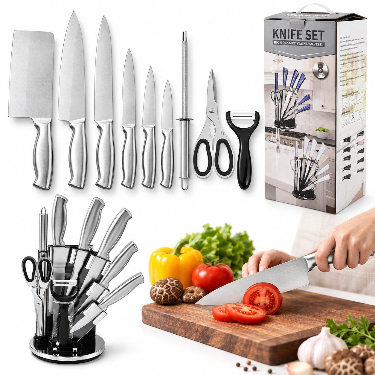 ibettertec Messer-Set Küchenmesserset 9-teilig Edelstahl Kochmesser für Haushalt (Set, 9-tlg., Edelstahl, lebensmittelecht, rostbeständig, gebürstete Oberfläche), Ergonomischer Hohlgriff für hohen Komfort, Modernes Design