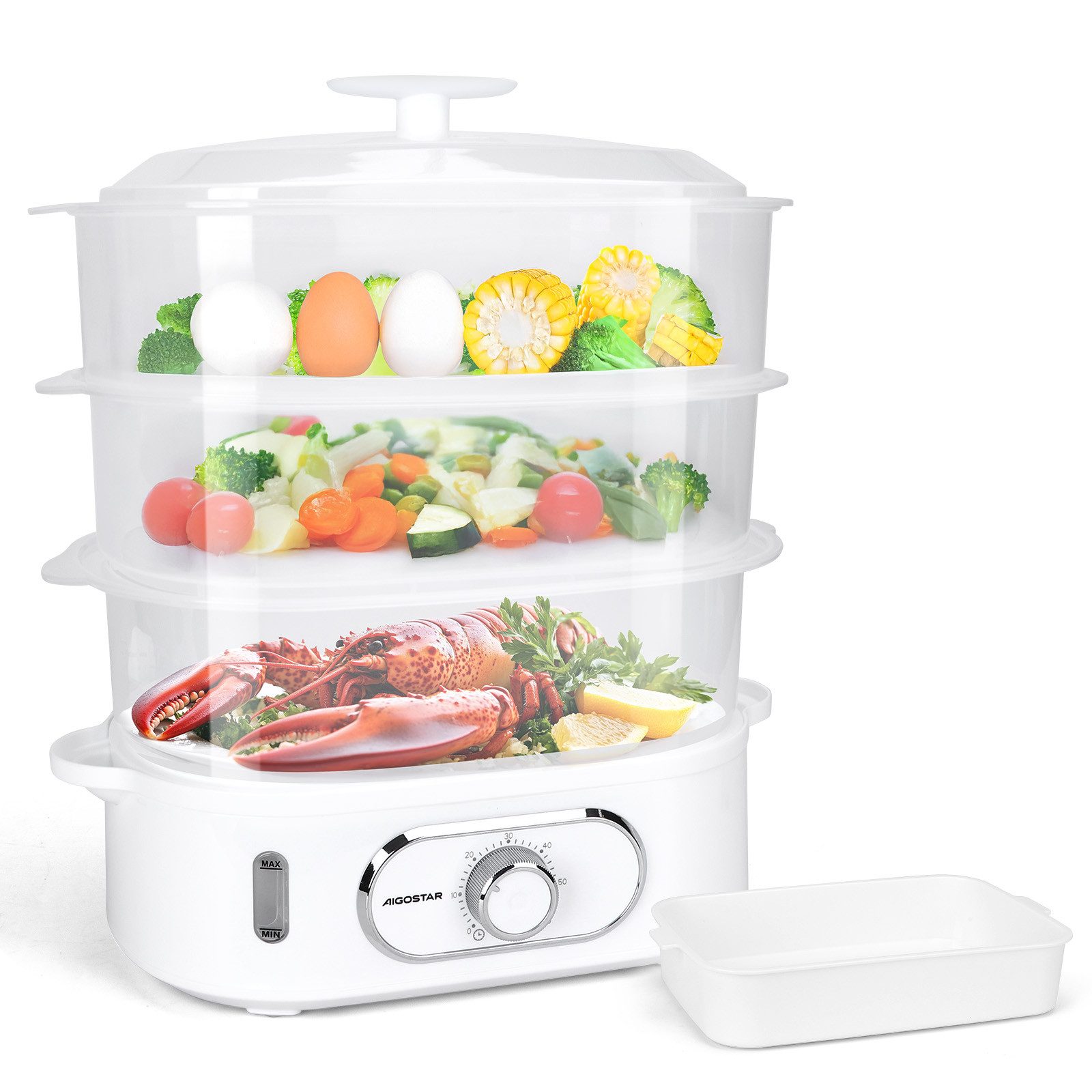 Aigostar Пароварки Fitfoodie mit Timer 9L/12L, 800W/900W, 3-Etagen Stapelkörbe, BPA frei, 800,00 W, Überhitzungsschutz, Intelligenz, Leicht zu reinigen
