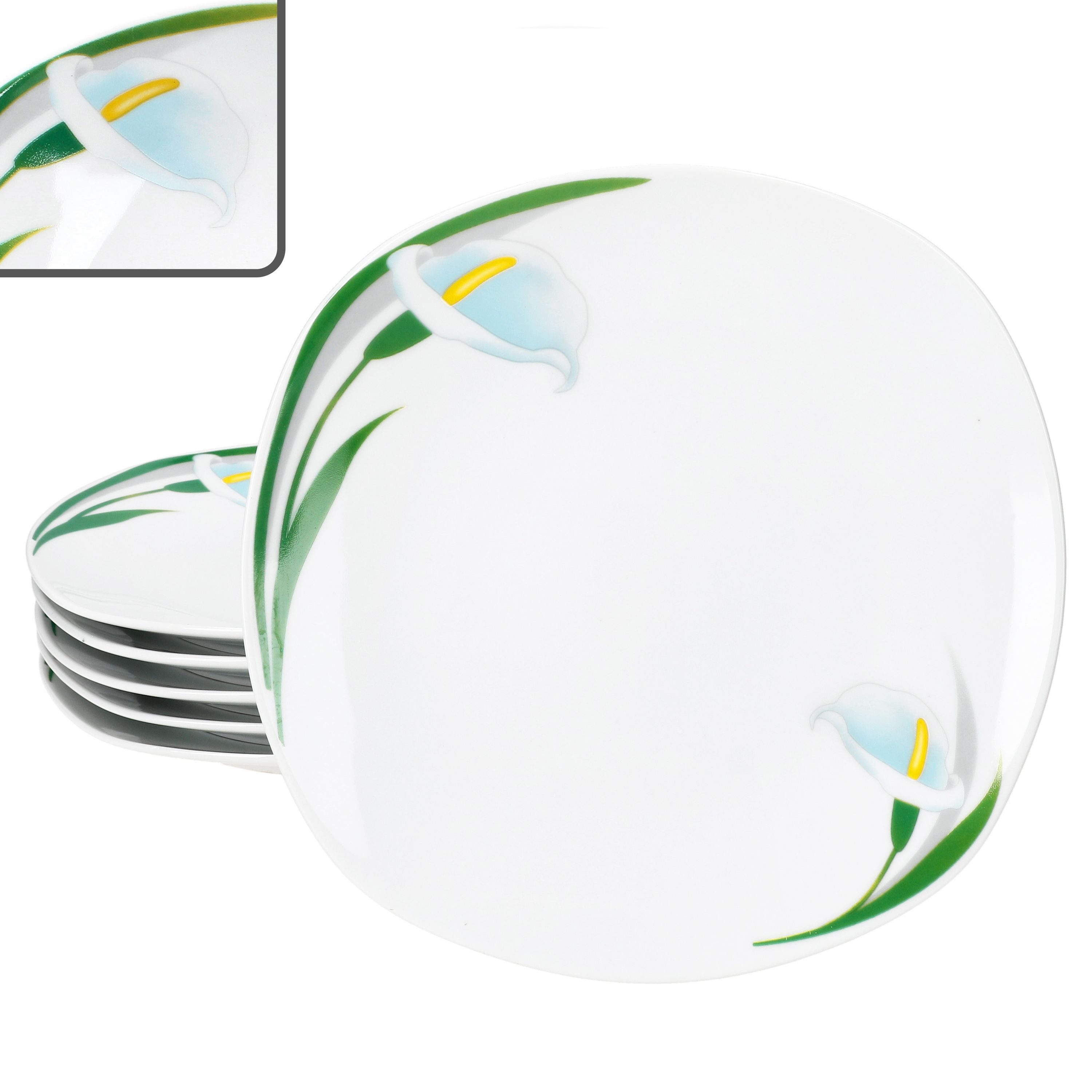 MamboCat Frühstücksteller 6x White Calla Kuchenteller Porzellan 6 Personen florale Teller