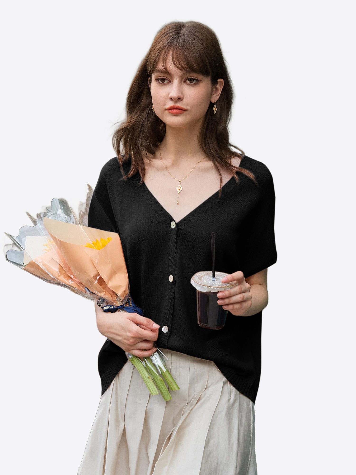 Imily Bela Cardigan Damen Kurzarm mit V-Ausschnitt Knopfleiste Loose Stricken (Packung, 1-tlg., 1per-Pack) Fledermausärmel gehäkelt in Unifarbe