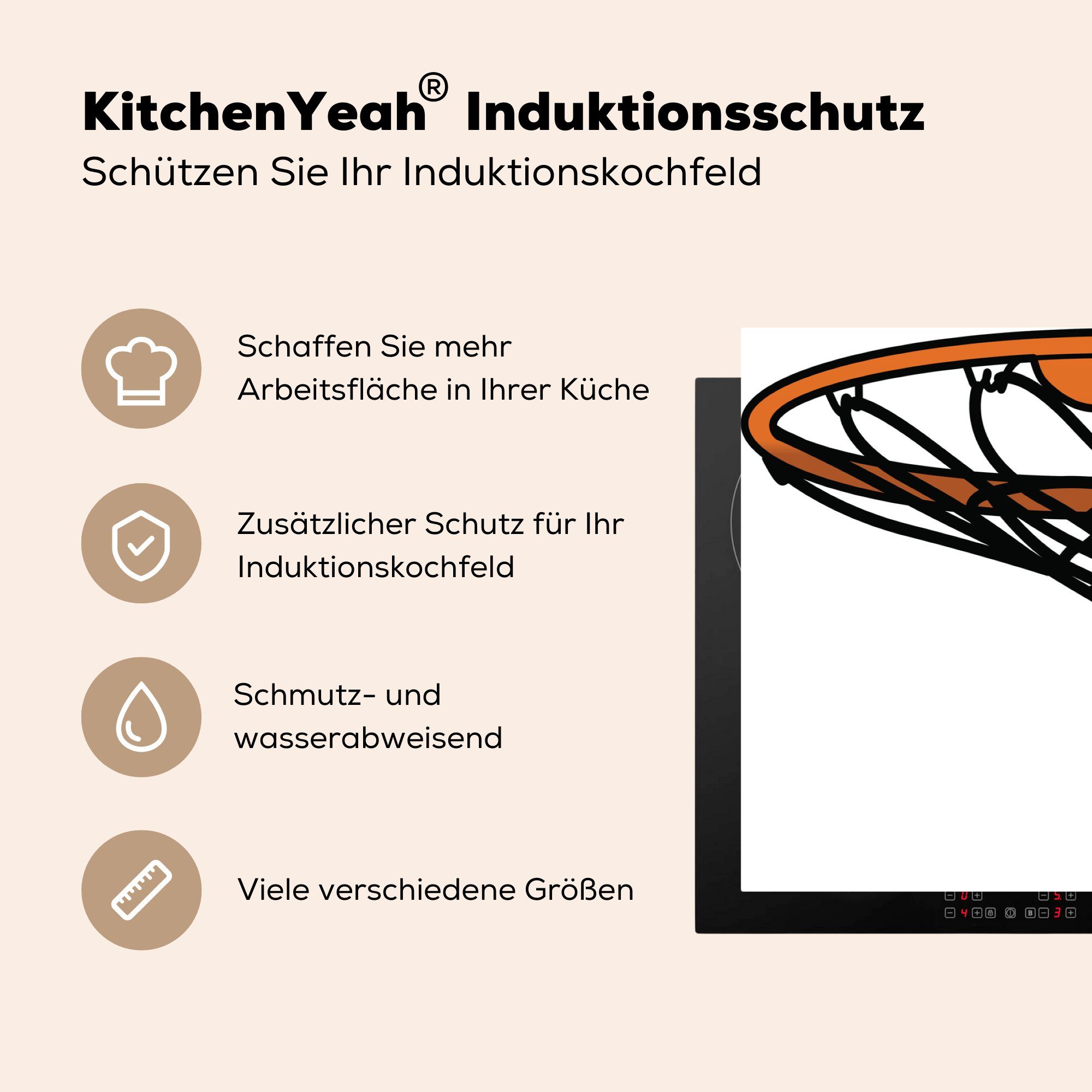 MuchoWow Herdblende-/Abdeckplatte Eine Ceranfeldabdeckung, im tlg), Arbeitsplatte (1 des Basketballs küche Vinyl, 83x51 für Netz, Illustration cm