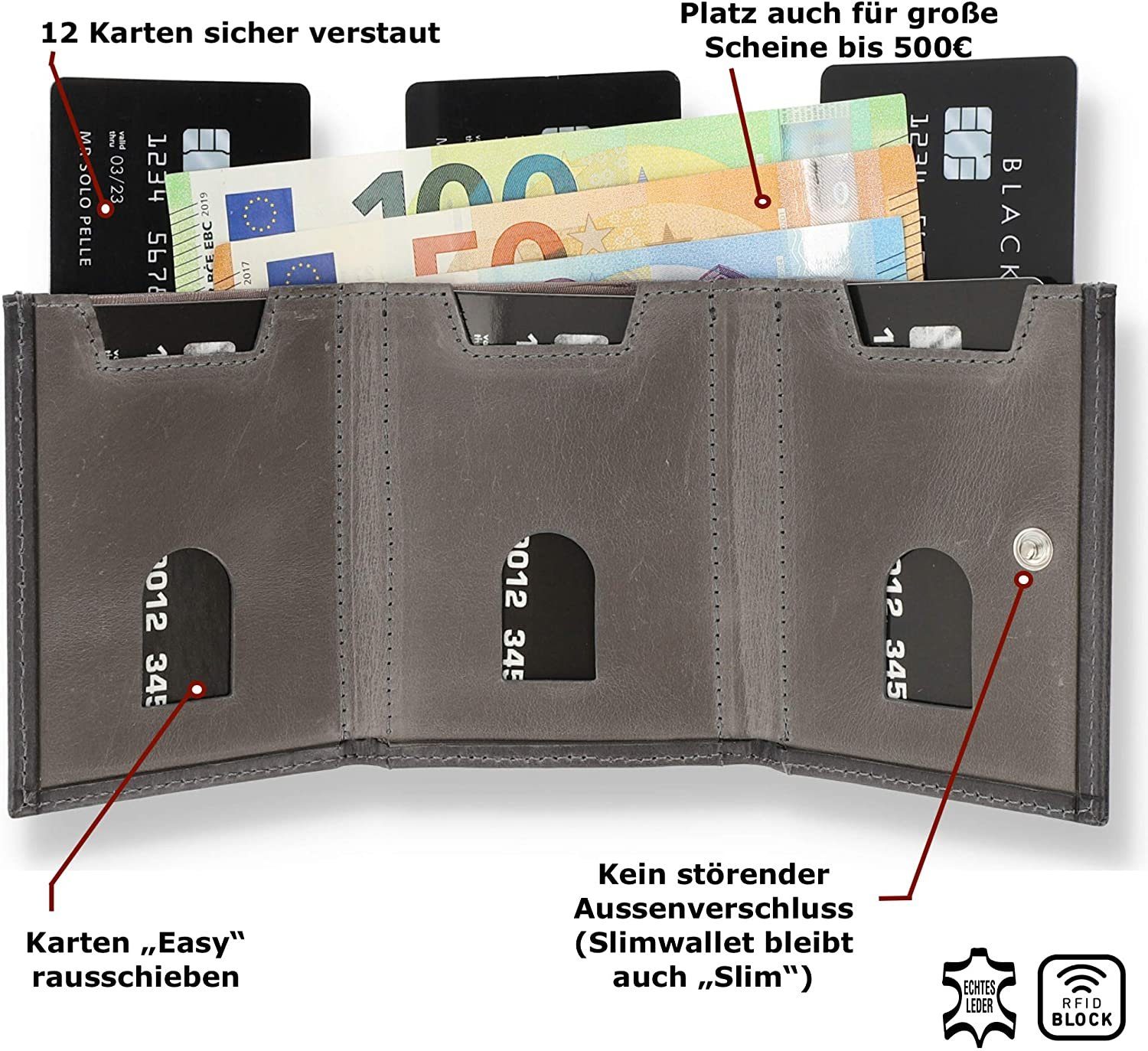Solo Pelle Brieftasche Leder, Europe Riga RFID [RFID-Schutz], Karten] Schutz, in Macde Steingrau Münzfach [12 mit Slim Slimwallet Wallet echt