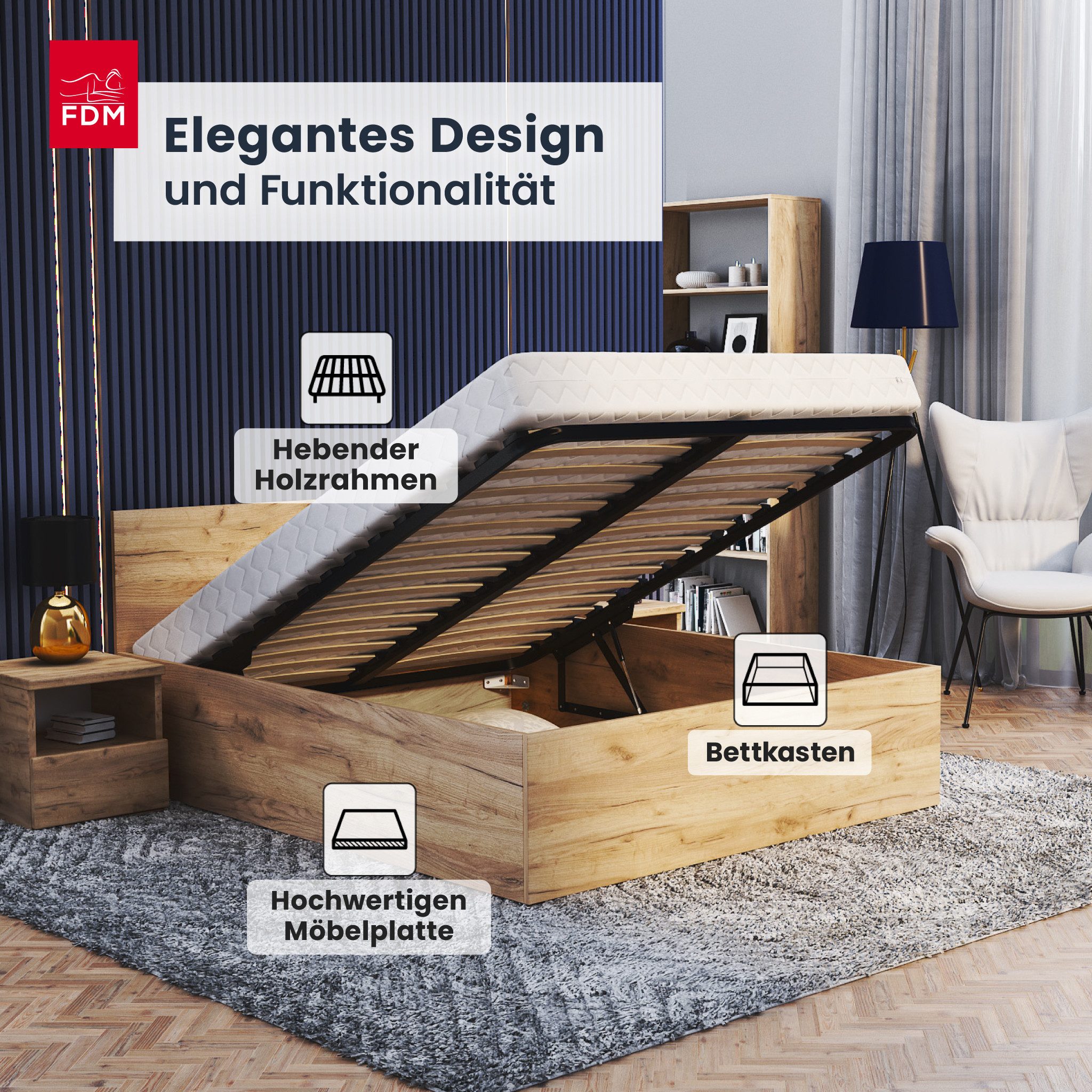 FDM Stauraumbett Bett Stauraumbett PANAMA SP Bettgestell 140x200 & weitere Größen (verfügbar 90x200 120x200 140x200 160x200 180x200cm, Bettrahmen, Bett, mit großen Kopfteil, mit Bettkasten zum aufklappen), mit/ohne Matratze