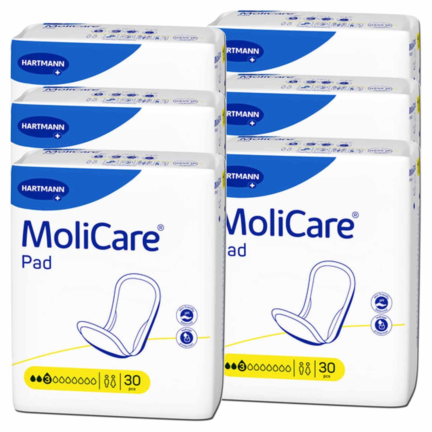 PAUL HARTMANN AG Inkontinenz-Einlage Hartmann MoliCare Pad 3 Tropfen Unisex 6 x 30 Stück, 3 Tropfen, 168-St., Geruchsneutralisation, breiter Klebestreifen, anatomisch geformt