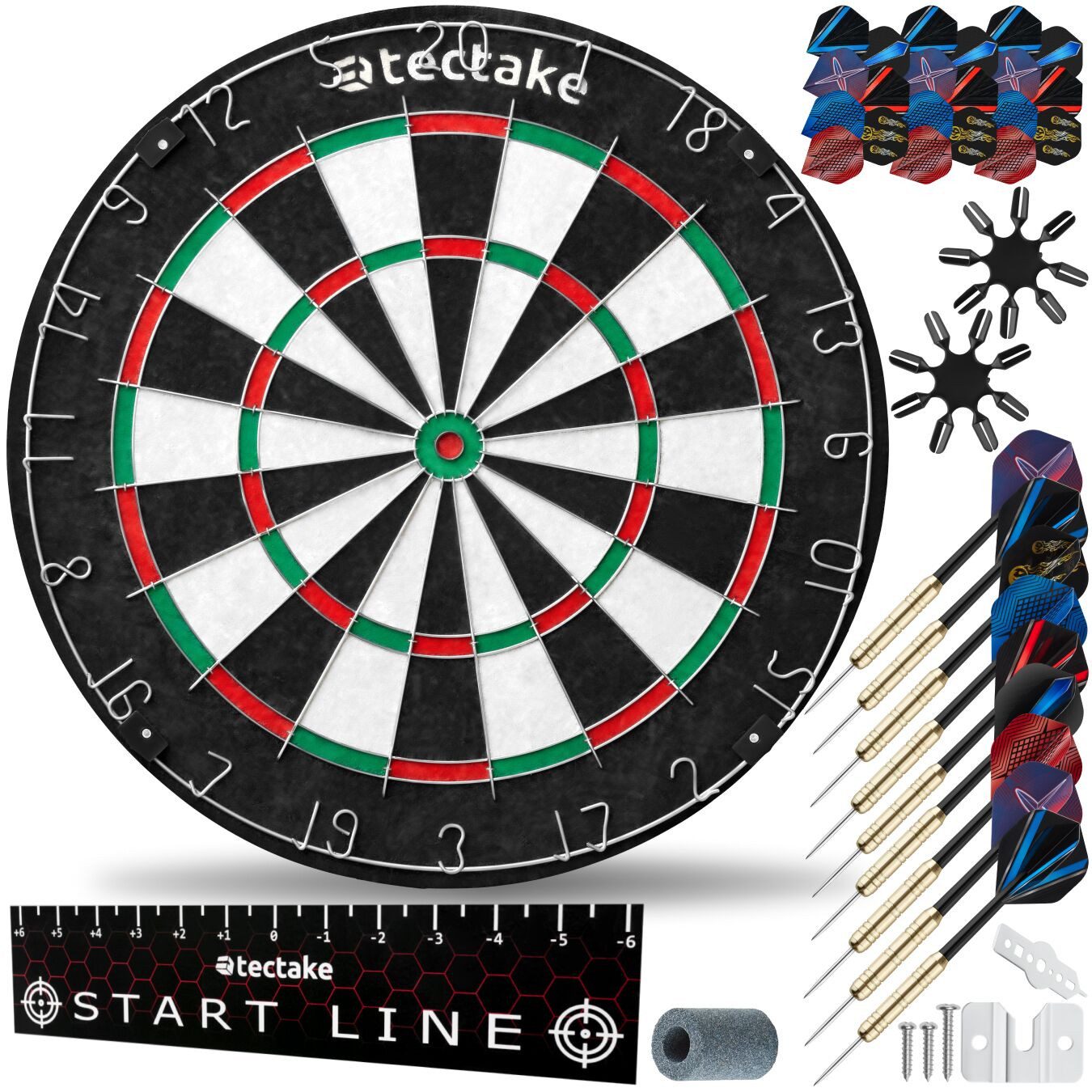 tectake Dartscheibe Dartboard Bully mit 9 Pfeilen, 21 Flights und Zubehör, Zubehör aus Anspitzer, 16 Flight-Schützern und Startlinie