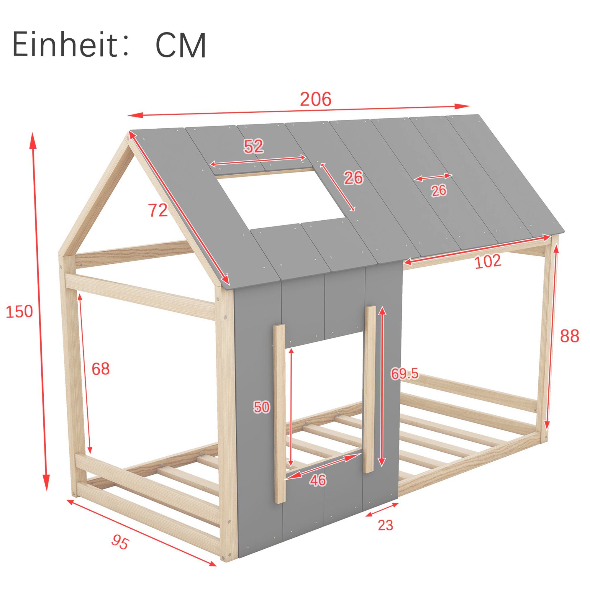 Dach 90x200cm Massivholz holzfarbe mit Kinderbett, Einzelbett Fenster und Hausbett Flieks