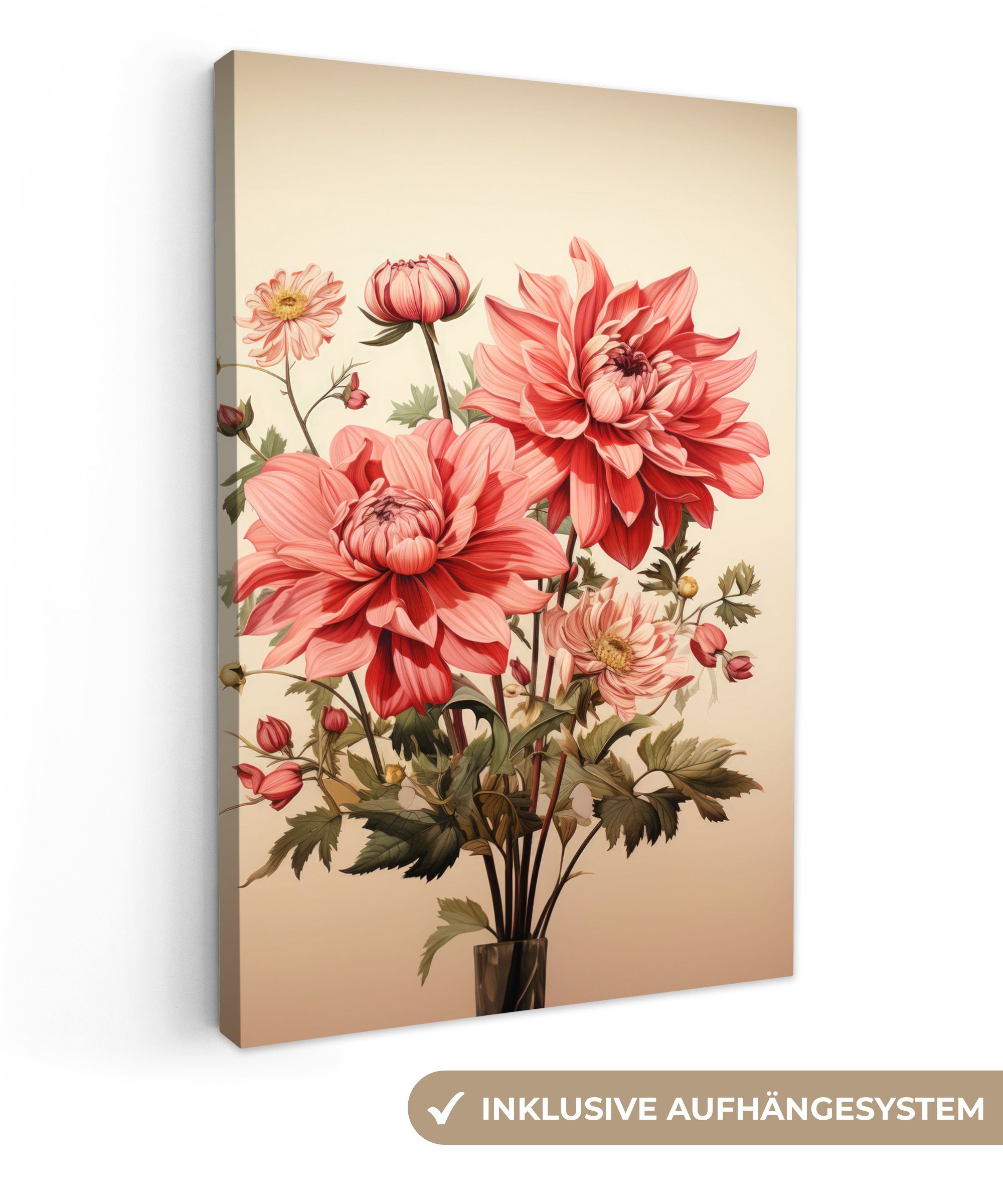 OneMillionCanvasses® Leinwandbild Vintage - Blumen - Rot - Beige - Pflanzen, Fotodruck (1 St), Leinwand Canvas Wandbild, Wanddekoration 20x30 cm