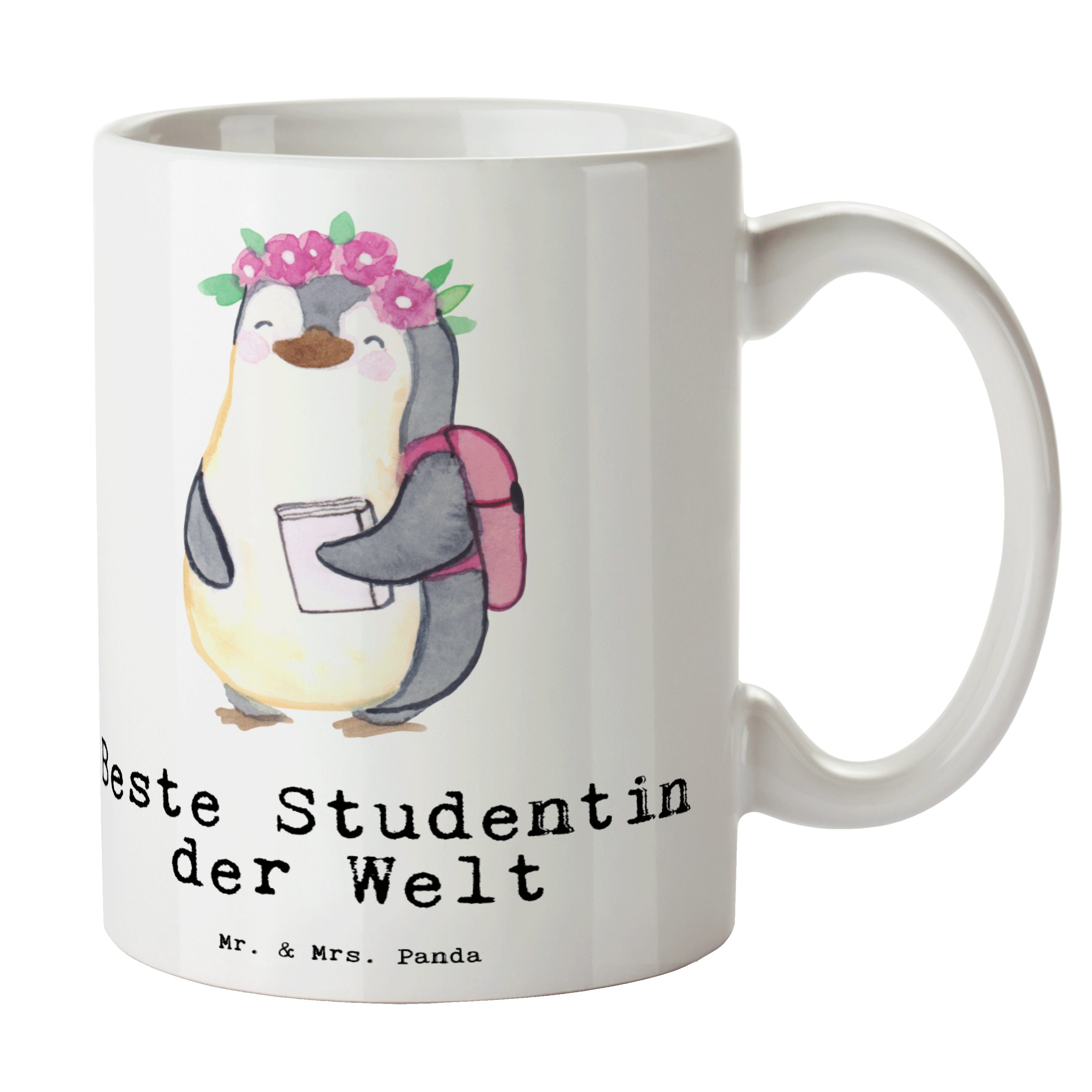 Mr. & Mrs. Panda Tasse Pinguin Beste Studentin der Welt - Weiß - Geschenk, Tee, Uni, Hochschule, Geburtstagsgeschenk, Danke, Kaffeebecher, Becher, Alumni, Kaffeetasse, Büro, Keramik