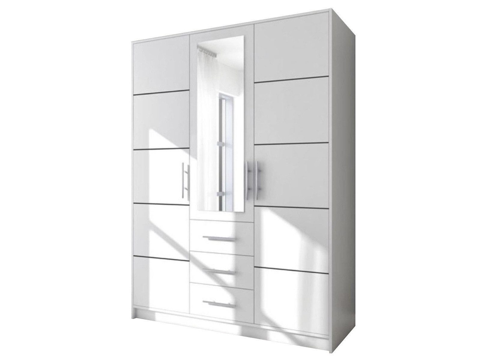 Beautysofa Kleiderschrank BALID D3 Schrank mit Spiegel (Drehtürenschrank mit Einlegeböden, Kleiderstange und 3 Schubladen, 3-türig) Breite: 147 cm