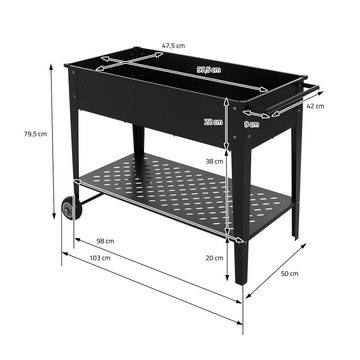 ML-DESIGN Hochbeet Pflanzbeet Gartenbeet Gemüsebeet Kräuterbeet Blumenkasten, 3er Set Metall fahrbar 98x50x795cm Schwarz Mobil mit Ablage