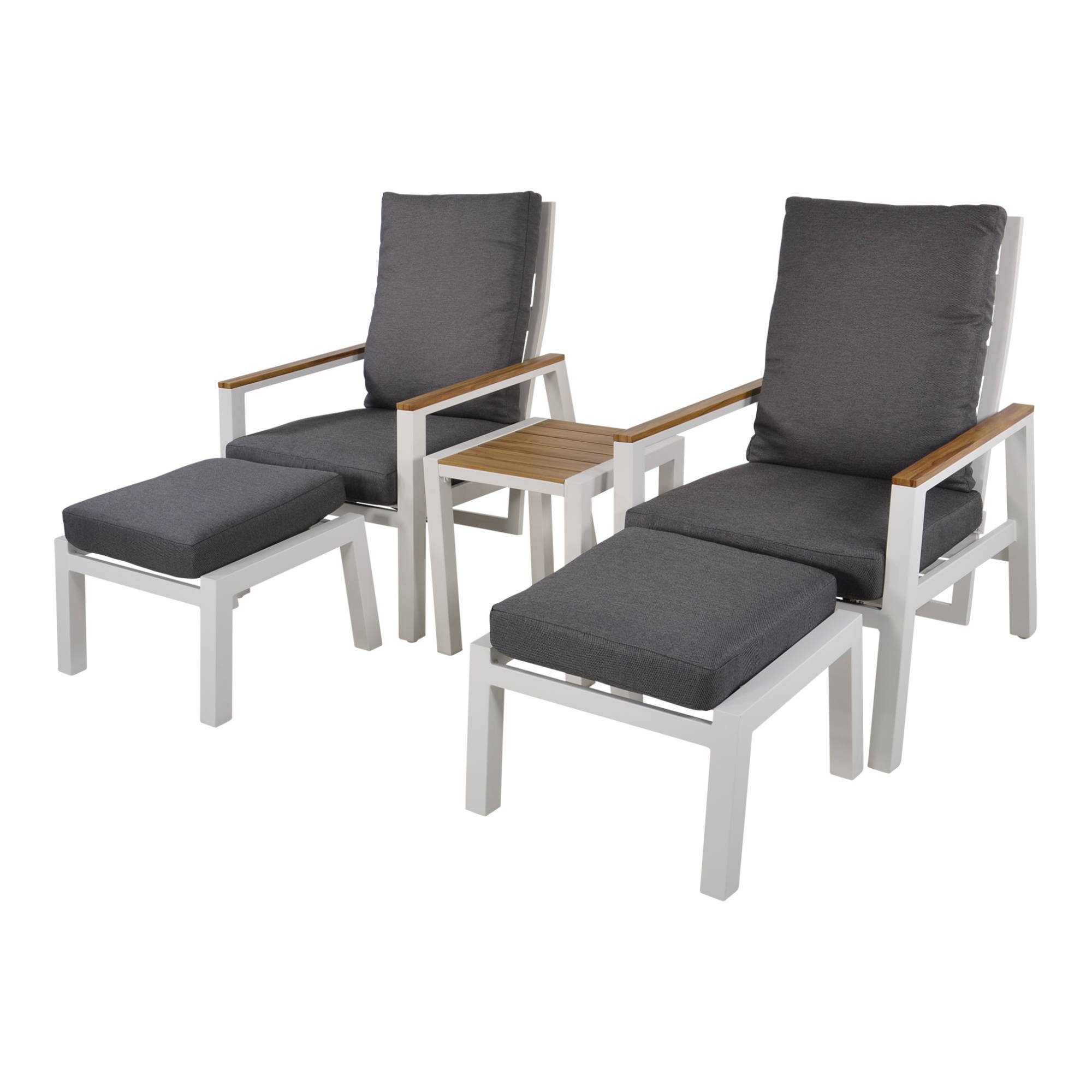 GMD Living Sitzgruppe CODA, (Gartenliegen-Set, 5-tlg., bestehend aus 2 Stühlen, 2 Fußbänken & Tisch inkl. Sitzpolster), wasserabweisend, Aluminium Tischplatte im Teaklook weiß