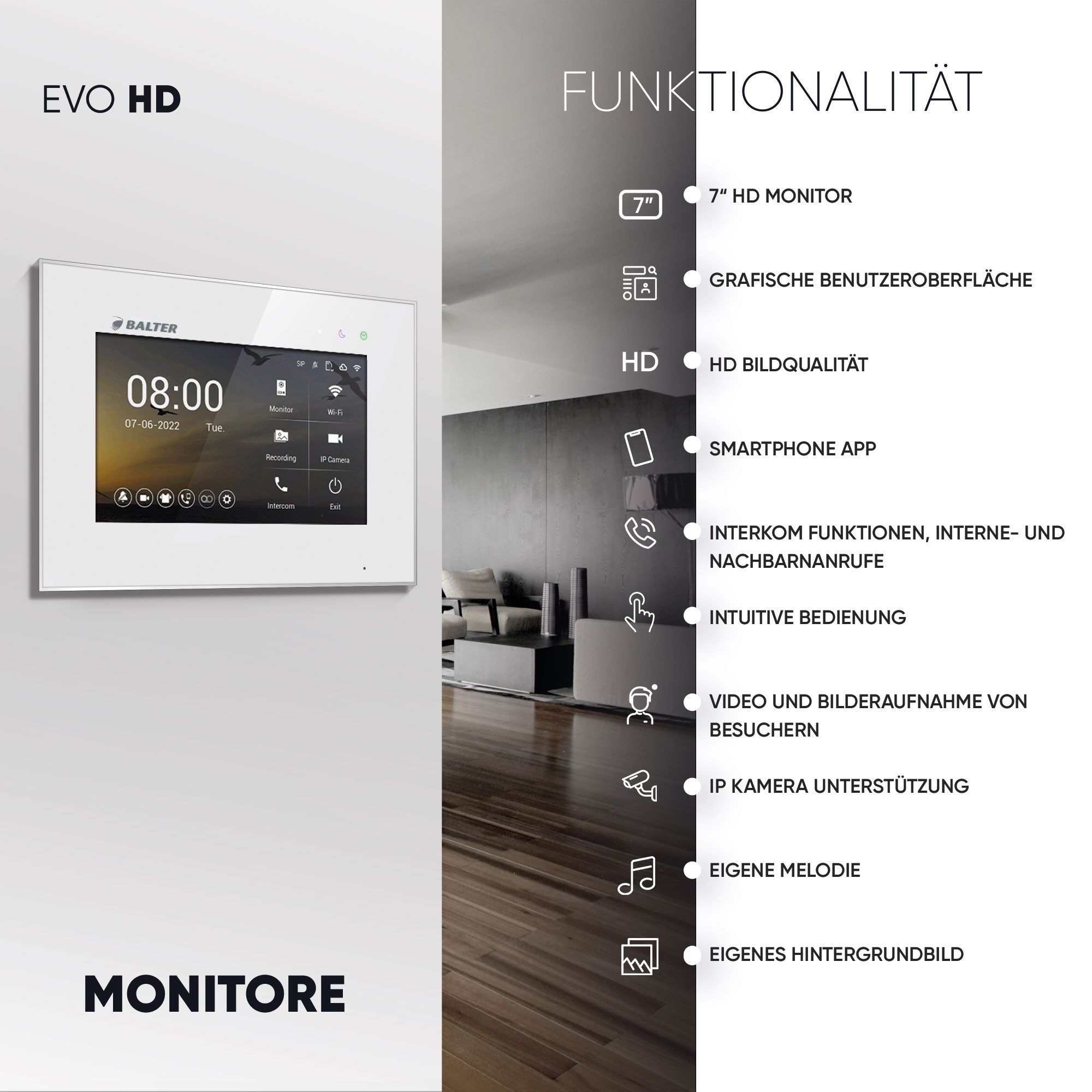 Balter Video-Türsprechanlage EVO HD mit App für 1 Familienhaus, 1x Monitor, Full HD, 2-Draht (Einfamilienhaus, Komplettsett, 1-tlg., Full HD Kamera, mit App)