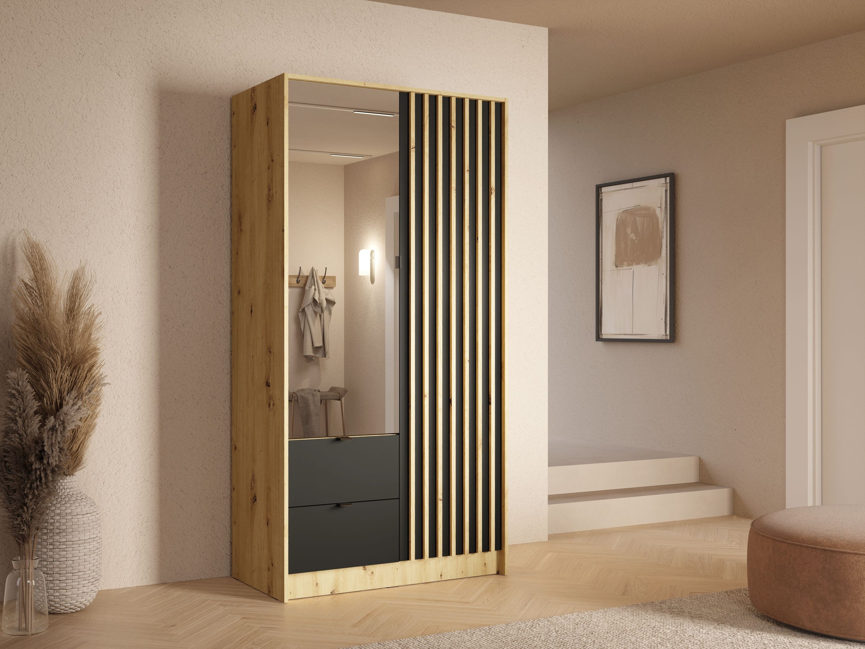 Raumhirsch Furniture Kleiderschrank Garderobenschrank, Drehtürenschrank, Schrank mit Spiegel (Maße: 101,7 x 54,5 x 200,5 cm, einfache Montage) Lamellen, Kleiderstange, 2 Schubladen, 2-türig