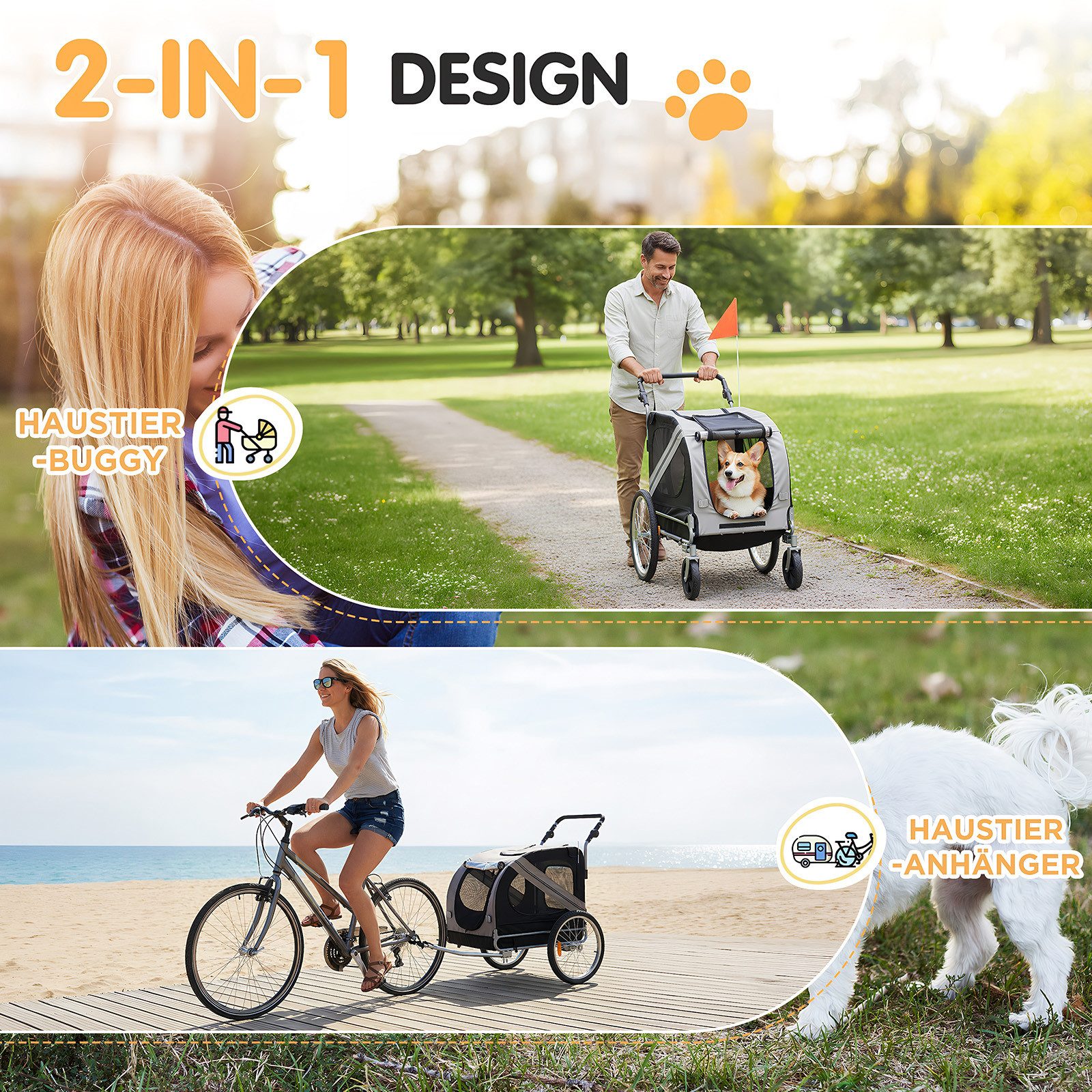 oyajia Fahrradhundeanhänger 2-in-1 Hundeanhänger & Hundebuggy mit Reflektoren und Sicherheitsfahne, für Mittelgroße Hunde bis 60 kg, 600D Oxford-Gewebe