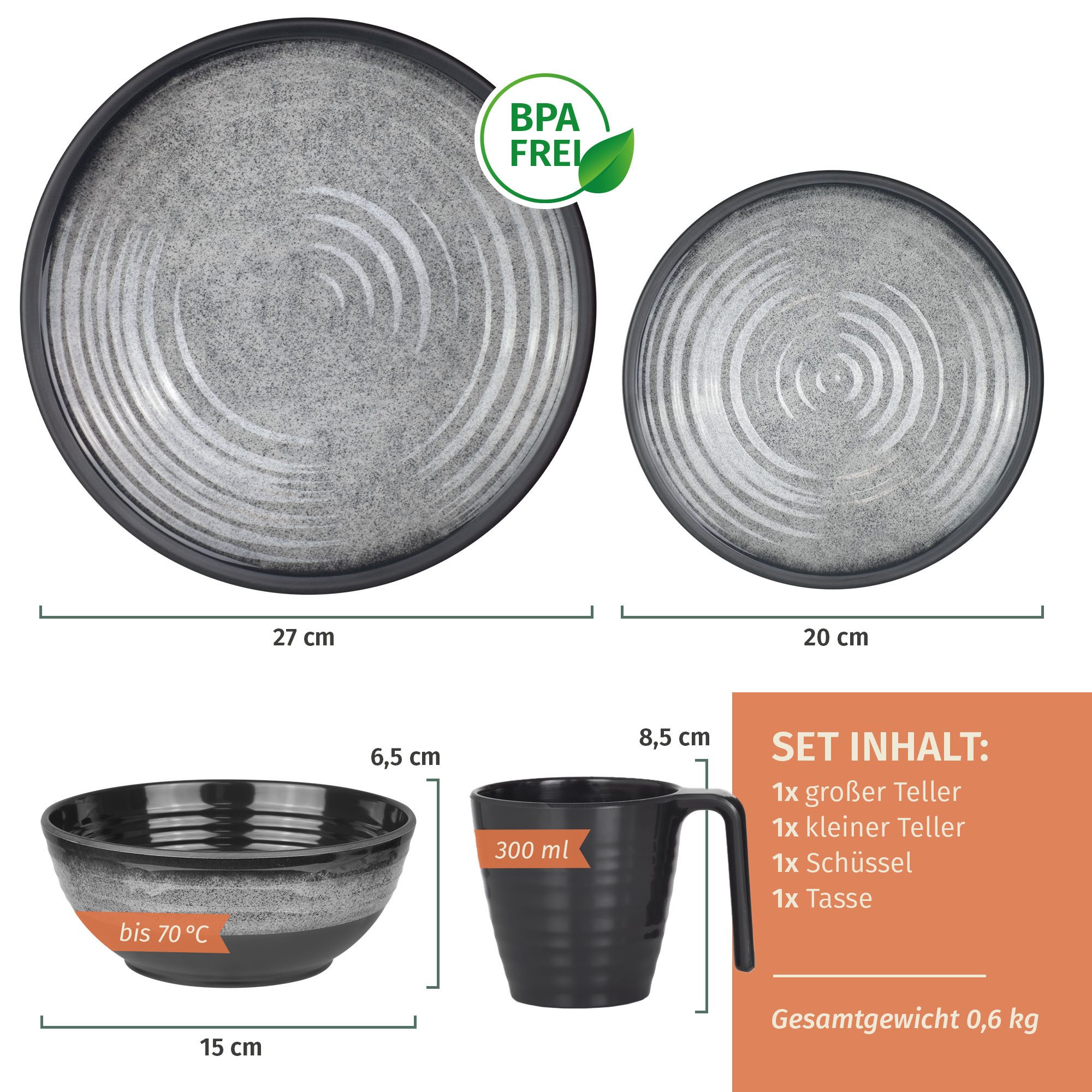 Moritz Geschirr-Set Camping Geschirr Stone Grey 4-teilig
