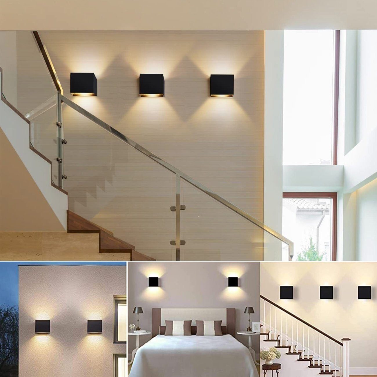 LETGOSPT Wandleuchte 6W/12W LED Treppen Schlafzimmer, IP20 10x10x5cm, Lampe, Schwarz Treppe Modern Square integriert, LED LED Flur Wandleuchte Wandlampe für Wohnzimmer, Wandstrahler fest Warmweiß, 6W Innen