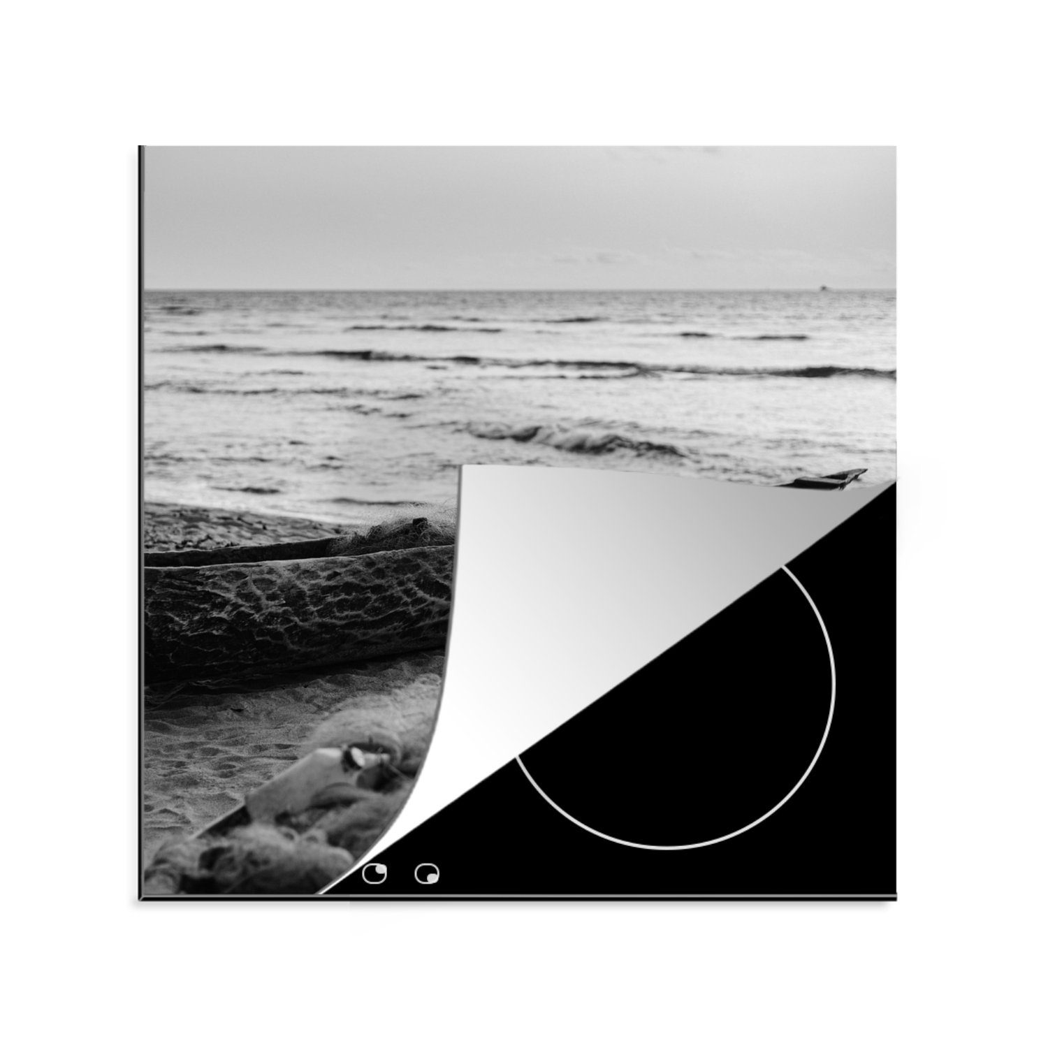 78x78 Ceranfeldabdeckung, am MuchoWow Arbeitsplatte für tlg), Vinyl, Boote (1 - und Herdblende-/Abdeckplatte schwarz weiß, Strand küche cm,