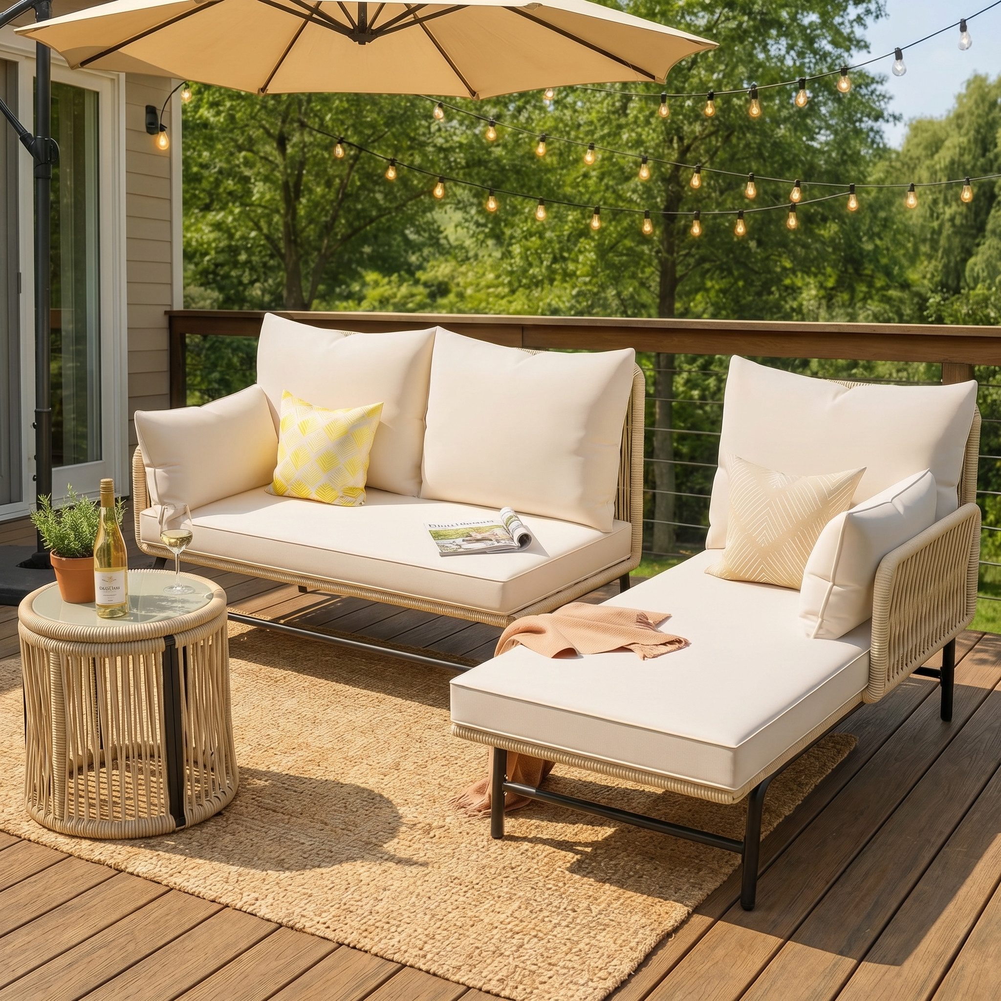 KLAM HOME Gartenlounge-Set aus Korbgeflecht mit Eisenrahmen und cremefarbenem Seil, (set, 1 Tisch 1 Ecksofa 1 Doppelsofa), L-förmiger Gesprächstisch Stuhl-Set für Schwimmbad Terrasse Outdoor