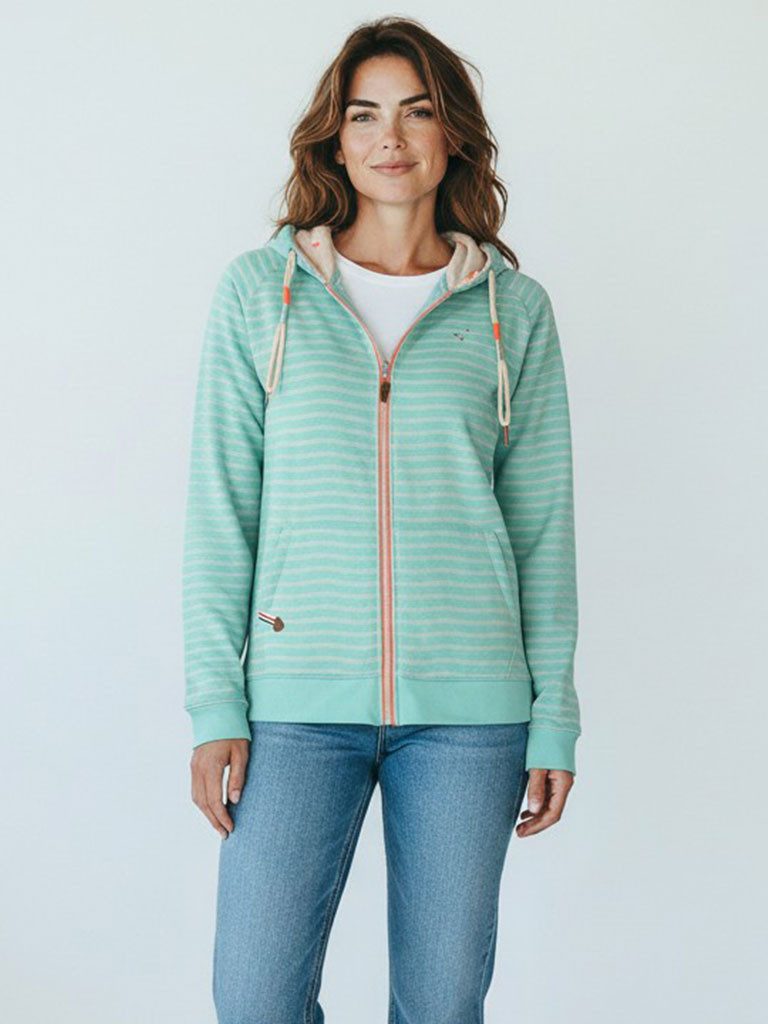 modAS Kapuzensweatjacke Damen Sweatjacke 40715 Streifen mit Kapuze - Gestreifte Freizeitjacke Modische Kapuzenbänder, Frontreißverschluss, Eingrifftaschen, Bündchen