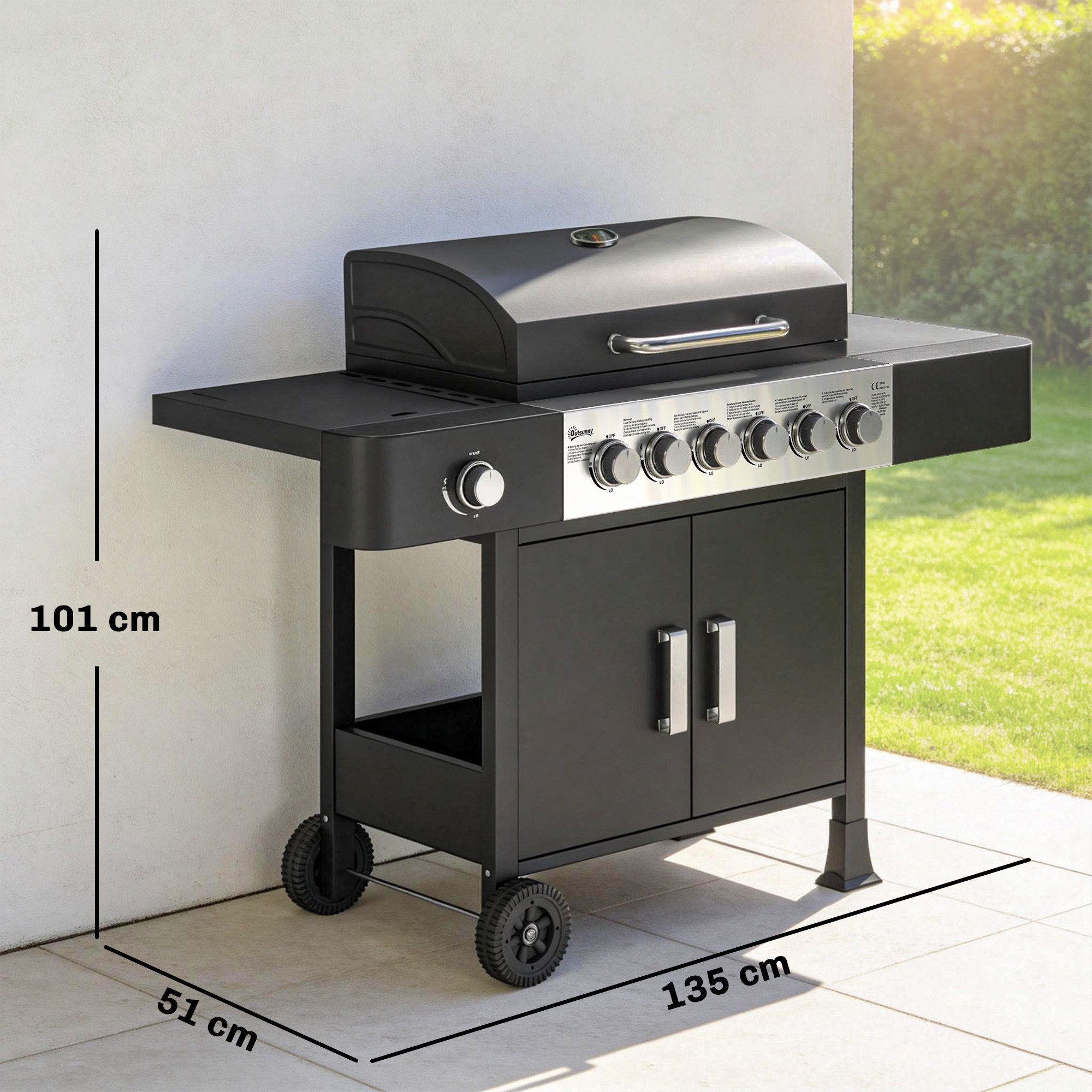 Outsunny Gasgrill inkl Rolle,Seitenbrenner, Thermometer, Emaille-Grillrost, Gas-Grill, BBQ Grillwagen, für Balkon BBQ Party