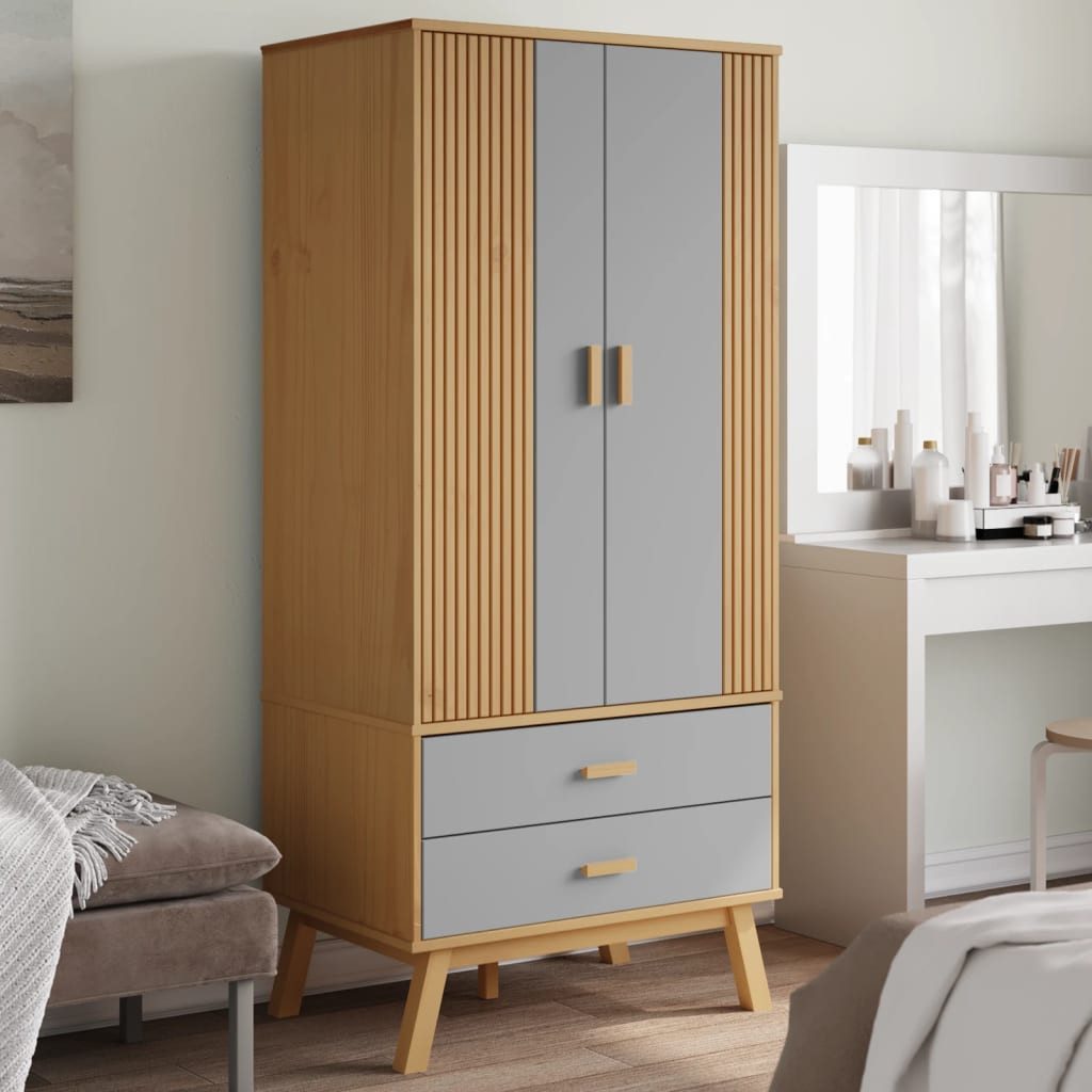 furnicato Kleiderschrank aus massivem Kiefernholz Grau Braun 76,5x53x172 cm Garderobenschrank mit 2 Schubladen und schützender Wachsoberfläche