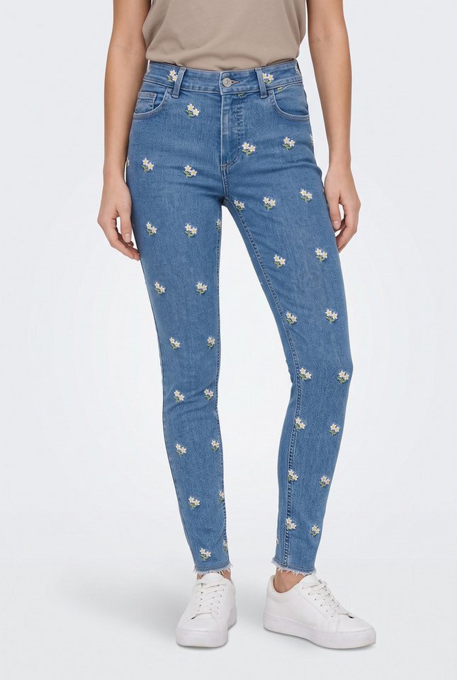 ONLY Skinny-fit-Jeans ONLHUSH MW EMB RW ANK SKINNY DNM Baumwollmischung, slim fit, Allover Stickerei, offener Saum