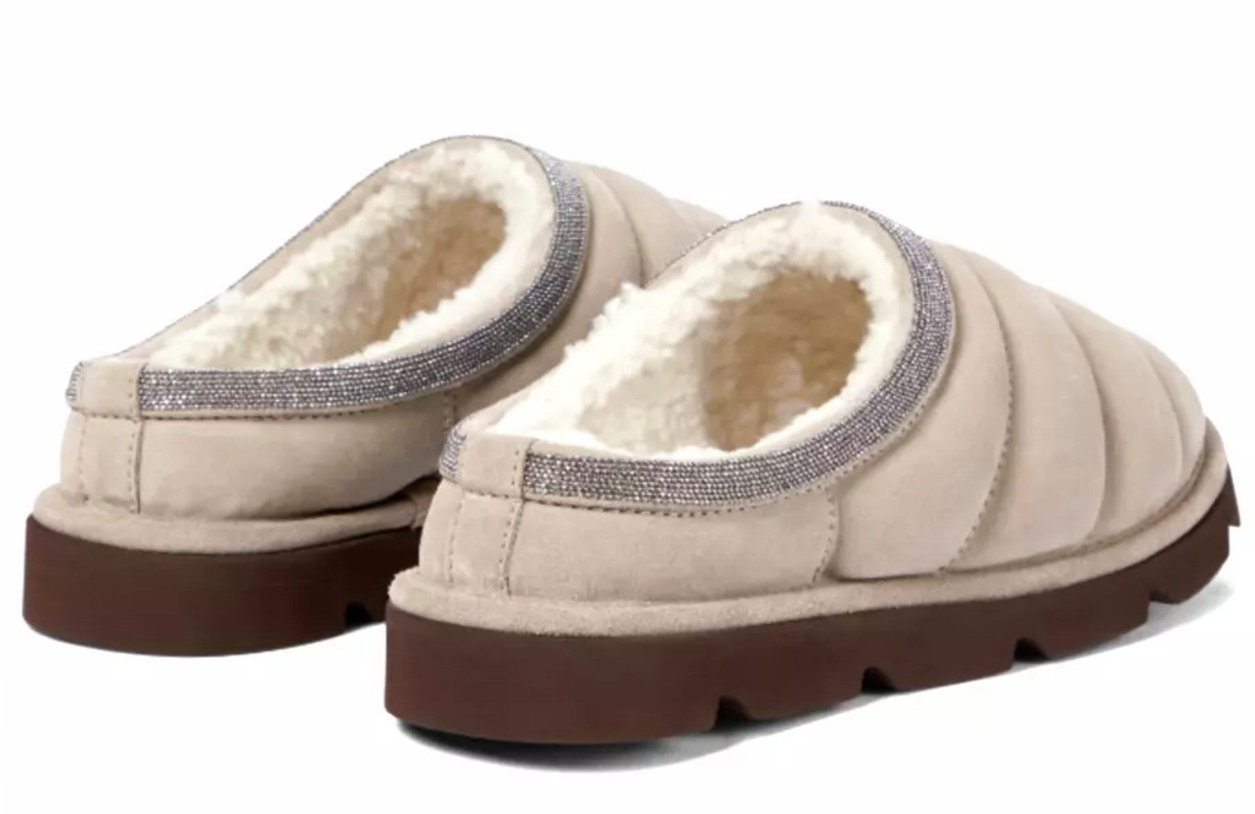 BRUNELLO CUCINELLI Gefütterte Mokassins aus gestepptem Wildleder mit Monili-Perlen Pantolette Gestepptes Wildleder, weiche Shearling-Fütterung