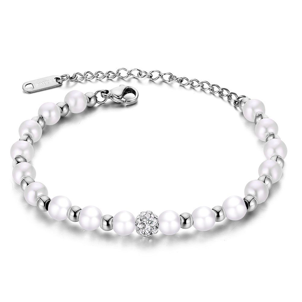 GLAMO Armband Damen Armband Synthetische Perlen,für Damen Mädchen Geschenk Silber