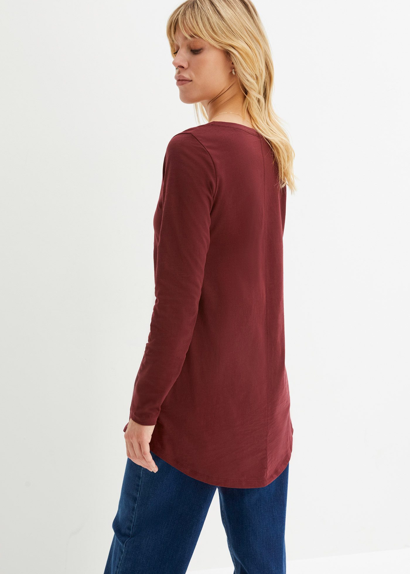 bonprix Langarmshirt lockere Passform, Langarm-Design, abgerundeter Saum, aus Baumwolle